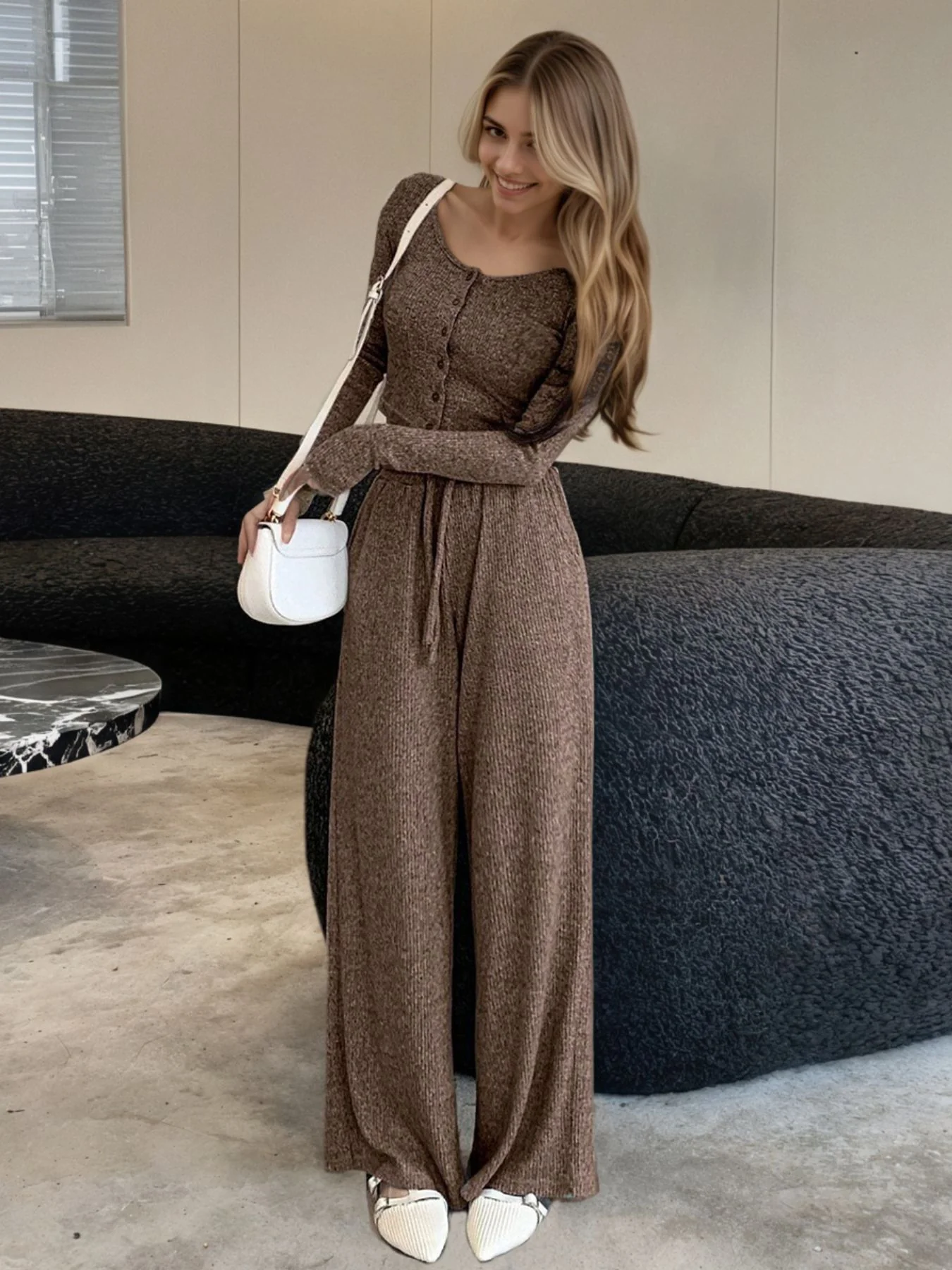 Casual Knit Long Sleeve Top and Wide Leg Pants Set - Image 7