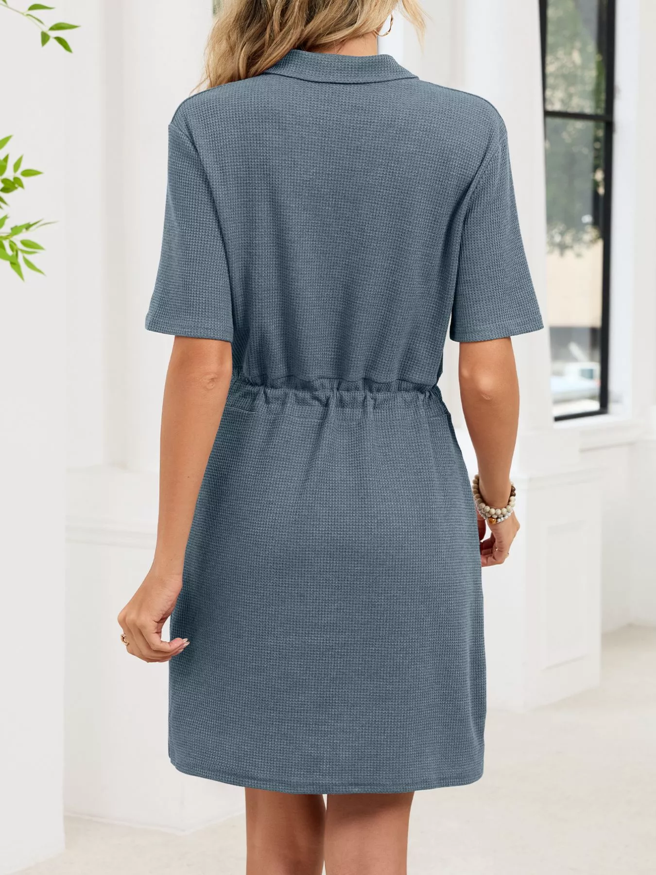 Casual Knit Polo Collar Drawstring Waist Dress - Image 23