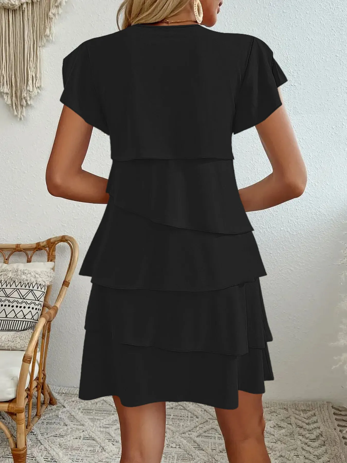 Casual Layered Round Neck Ruffled Sleeve Dress - Image 6