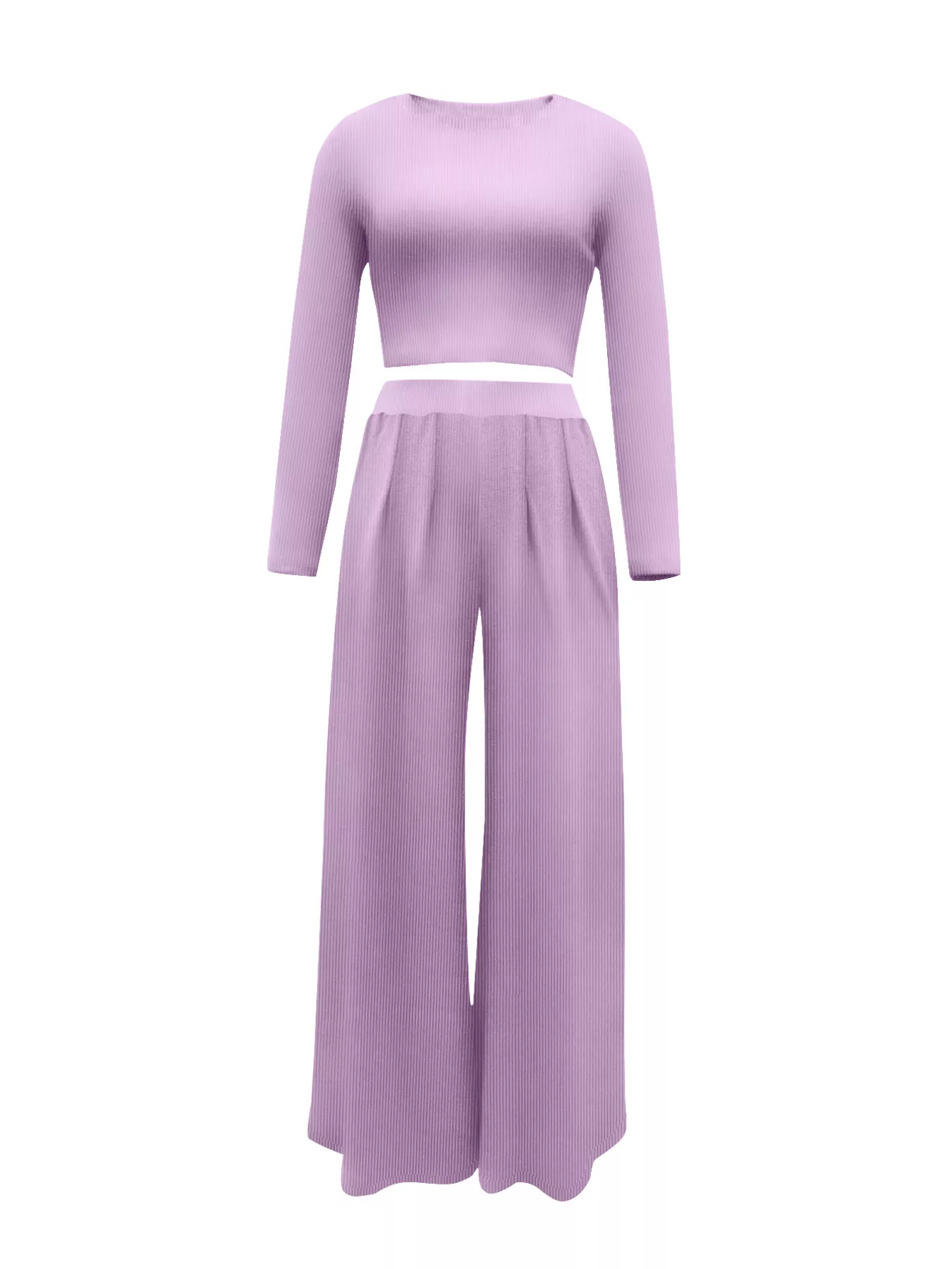 Casual Long Sleeve Crop Top and Wide Leg Pants Set - Image 3