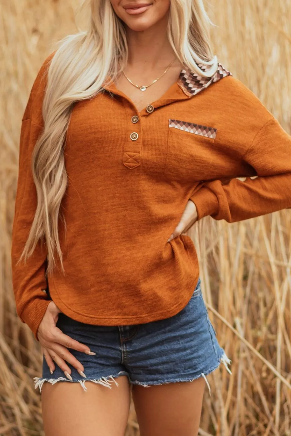 Casual Long Sleeve Henley Hooded Top - Image 3