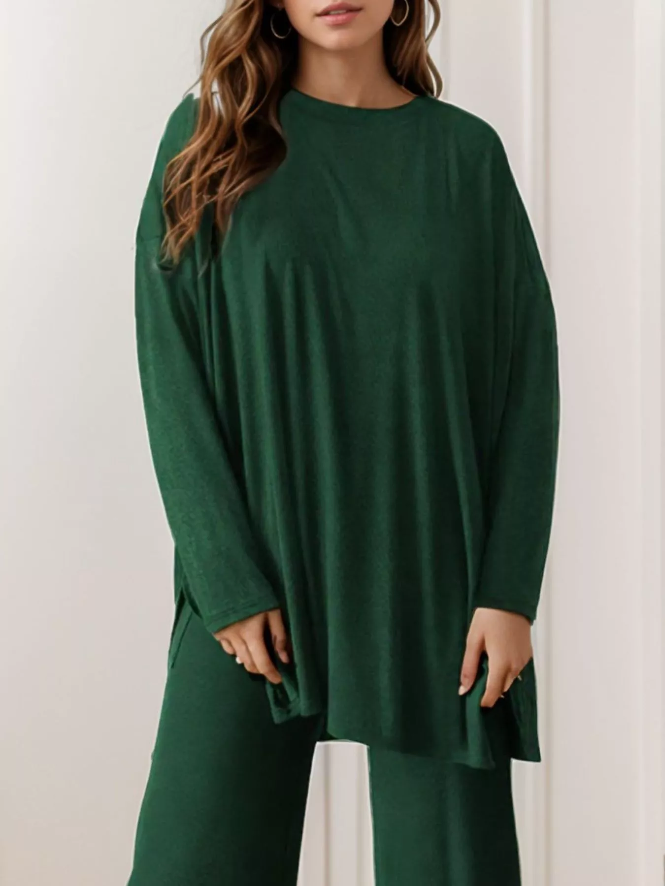Casual Loose Long Sleeve Top and Wide Leg Pants Set - Image 25