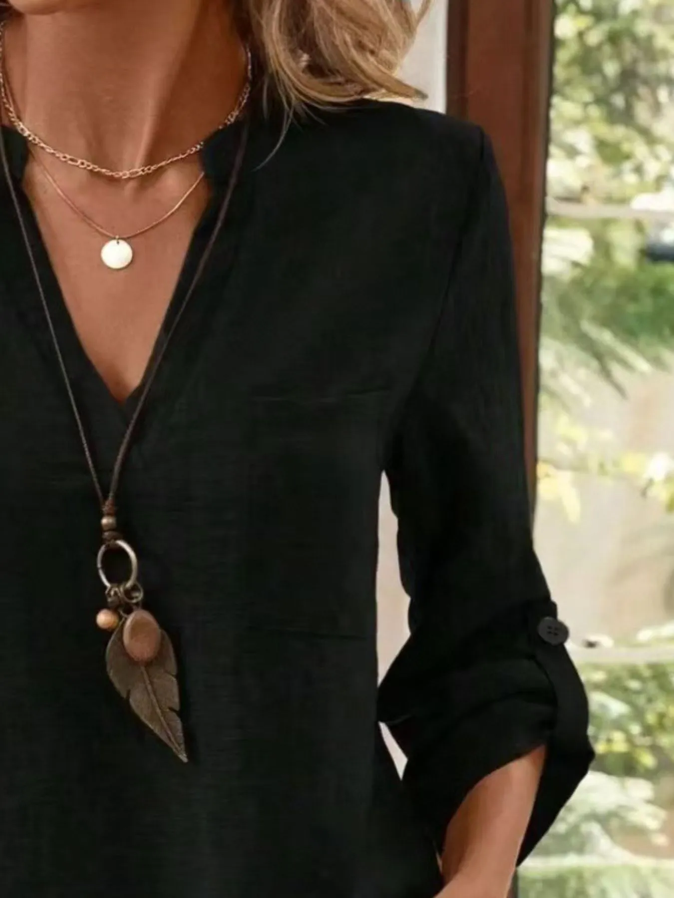 Casual Notched Roll-Up Sleeve Pocket Blouse - Image 9