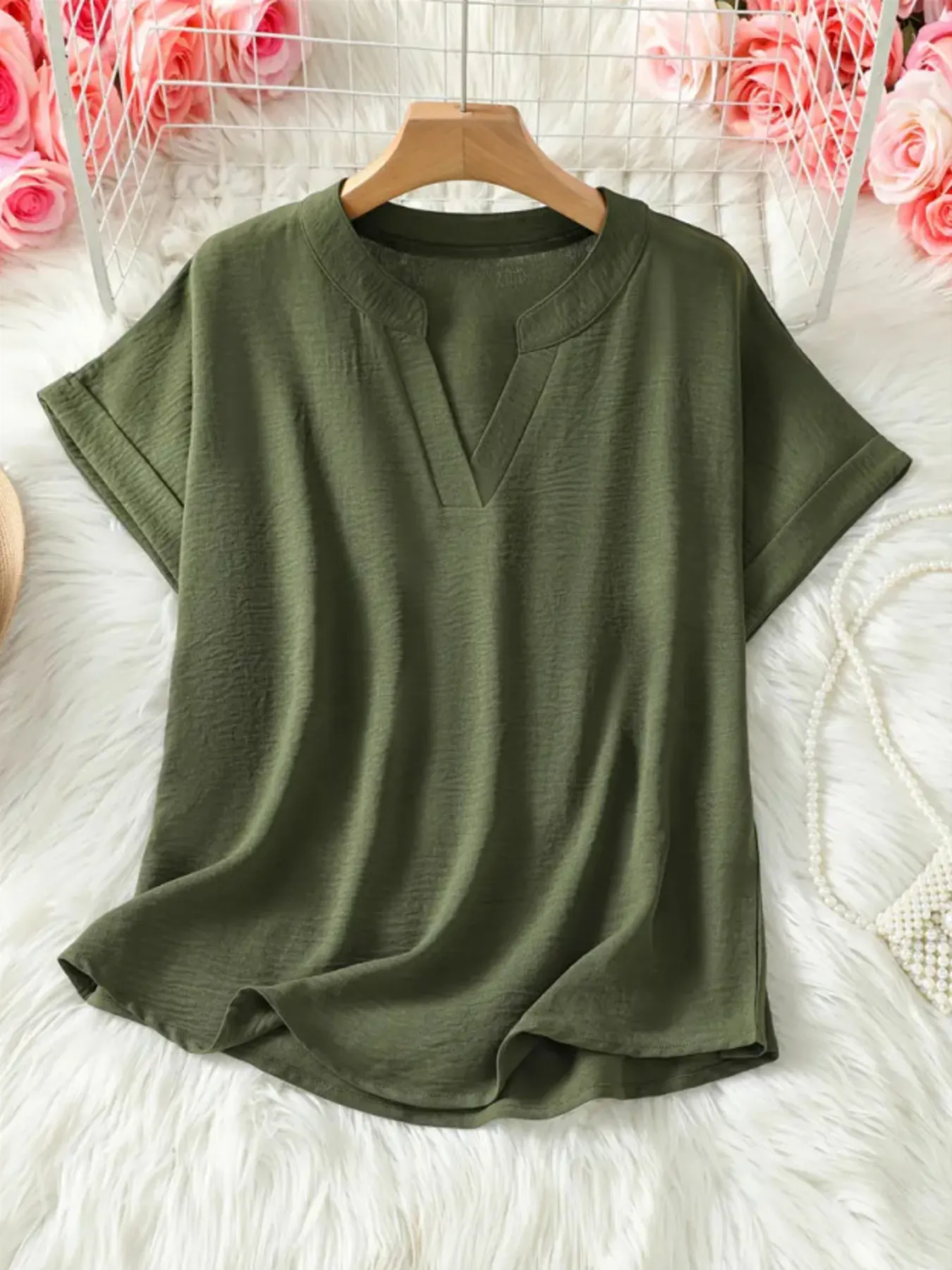 Casual Notched Short Sleeve Blouse - Image 2