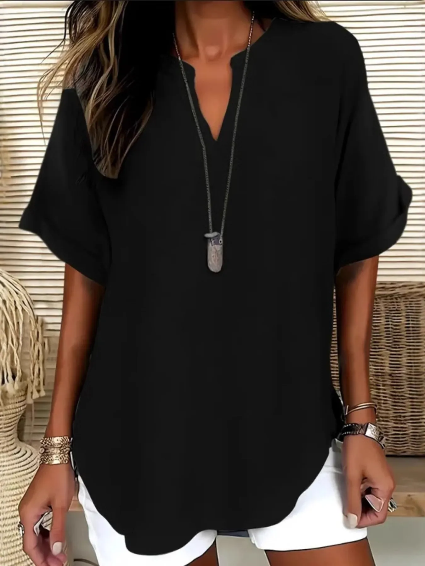 Casual Notched Short Sleeve Blouse - Image 5
