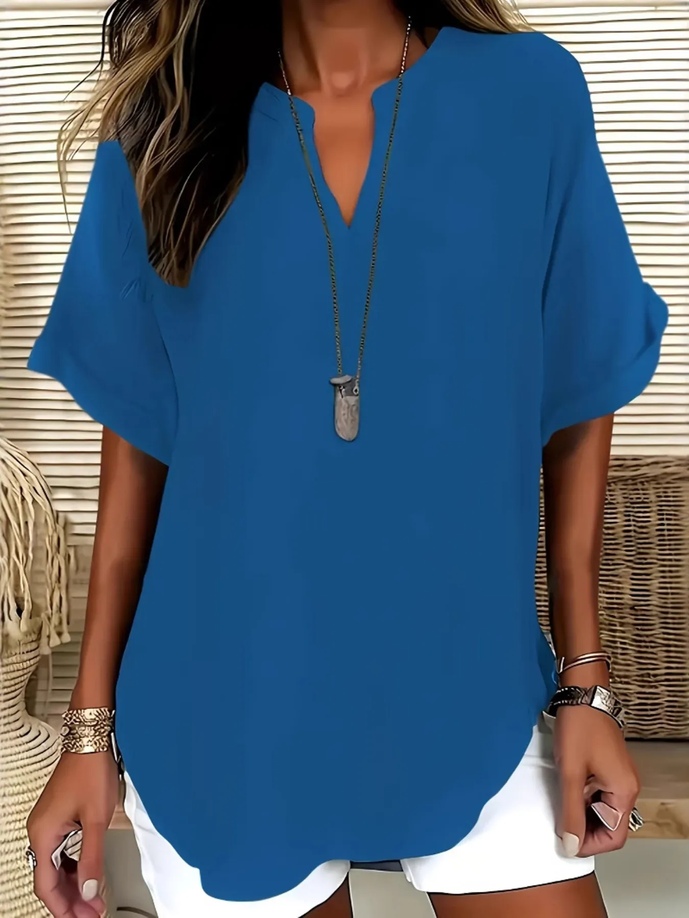 Casual Notched Short Sleeve Blouse - Image 9