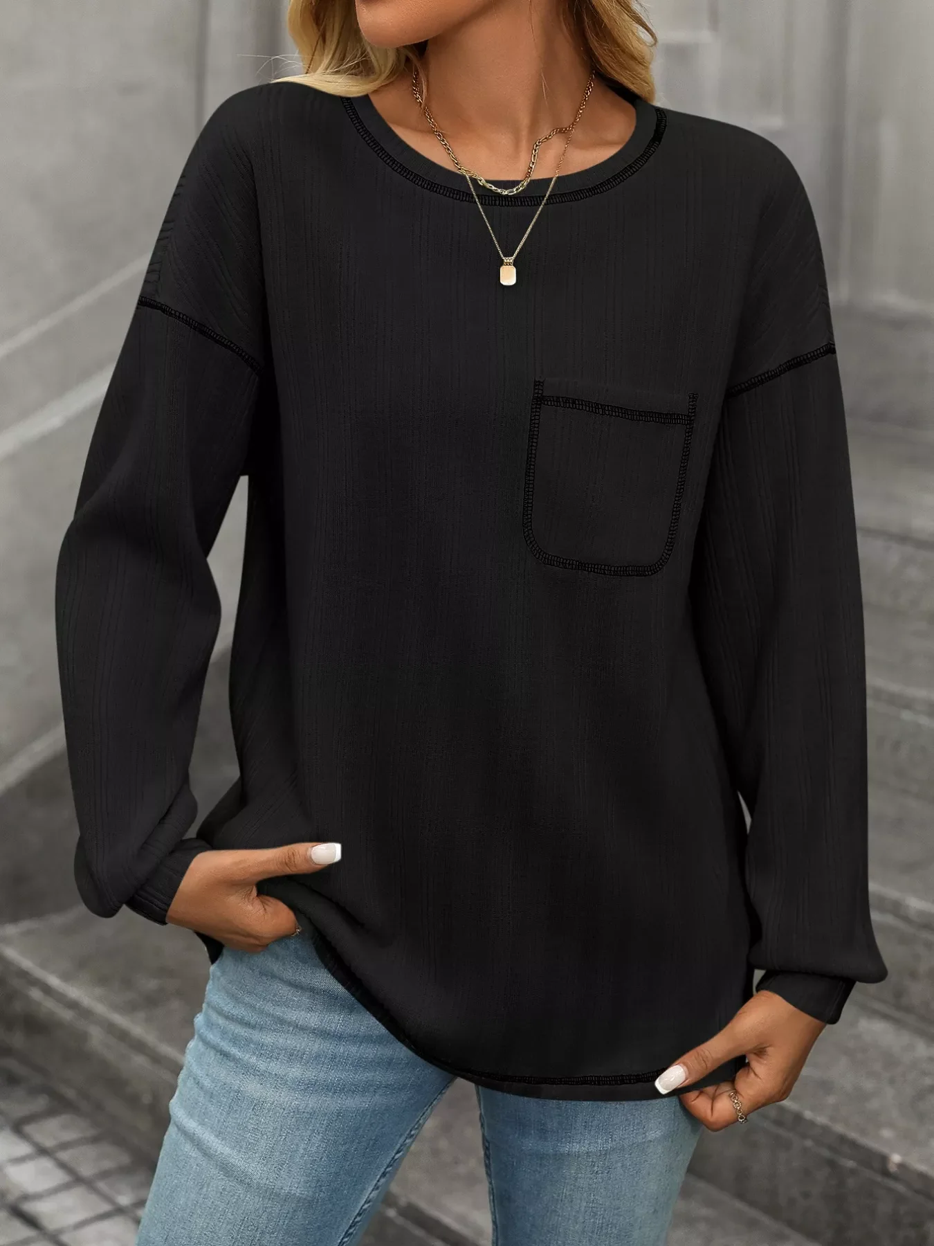 Casual Pocket Detail Long Sleeve T-Shirt - Image 8