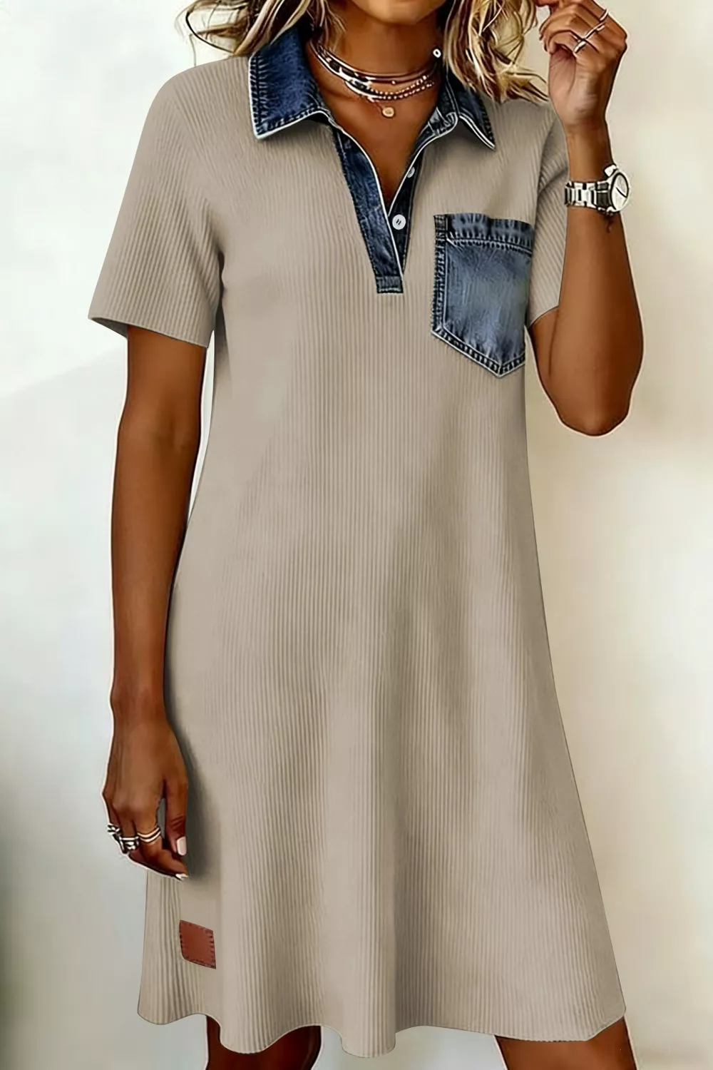Casual Ribbed Knit Denim Trim Mini Dress - Image 2