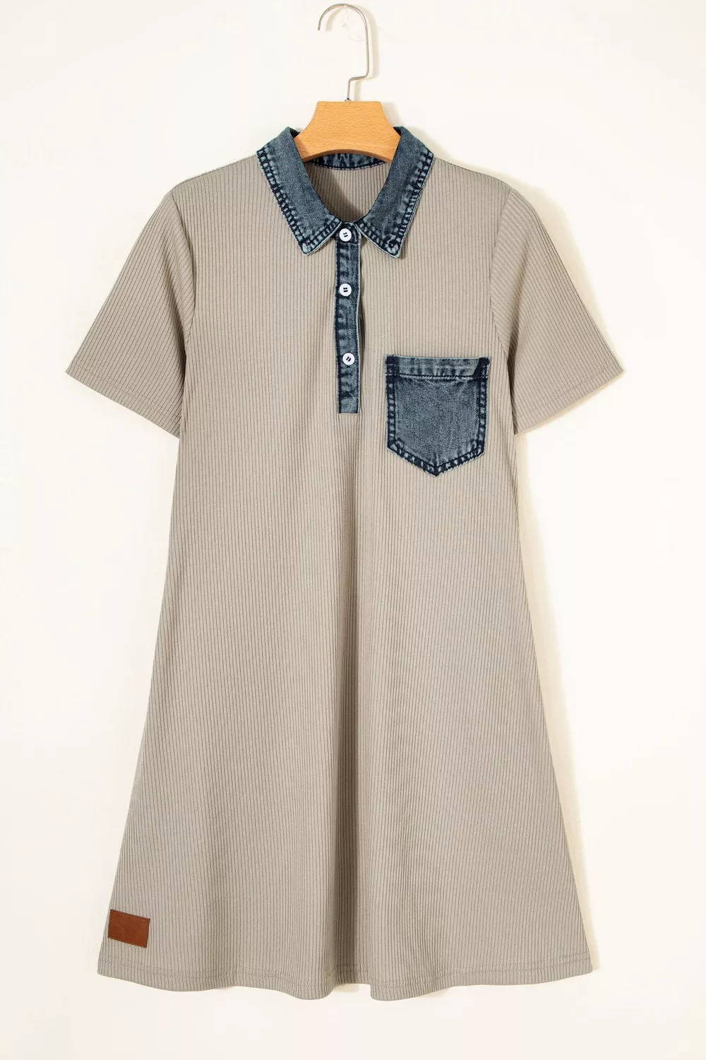 Casual Ribbed Knit Denim Trim Mini Dress - Image 5