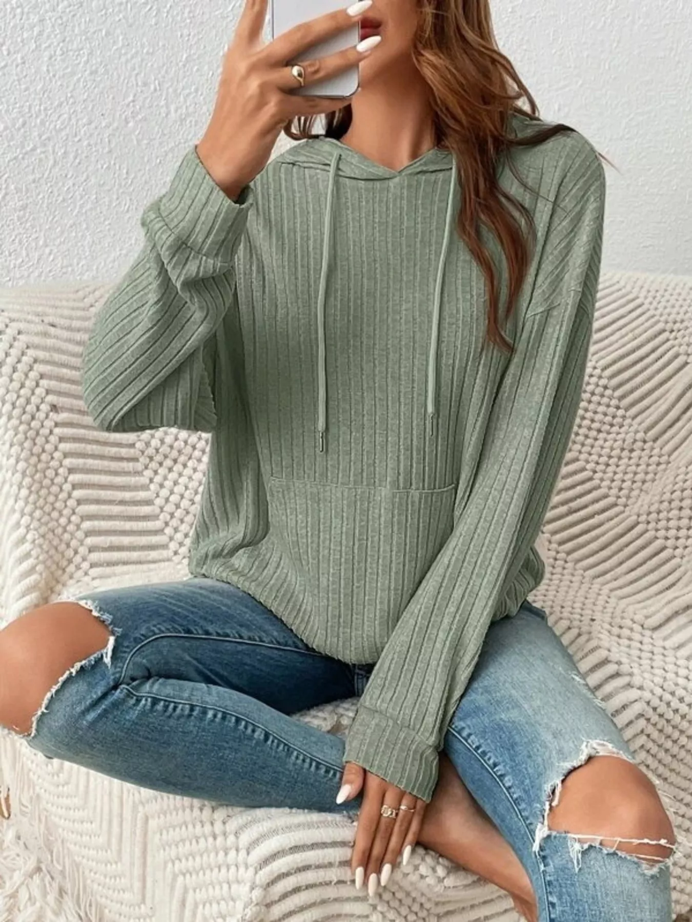 Casual Ribbed Knit Drawstring Hoodie - Image 15