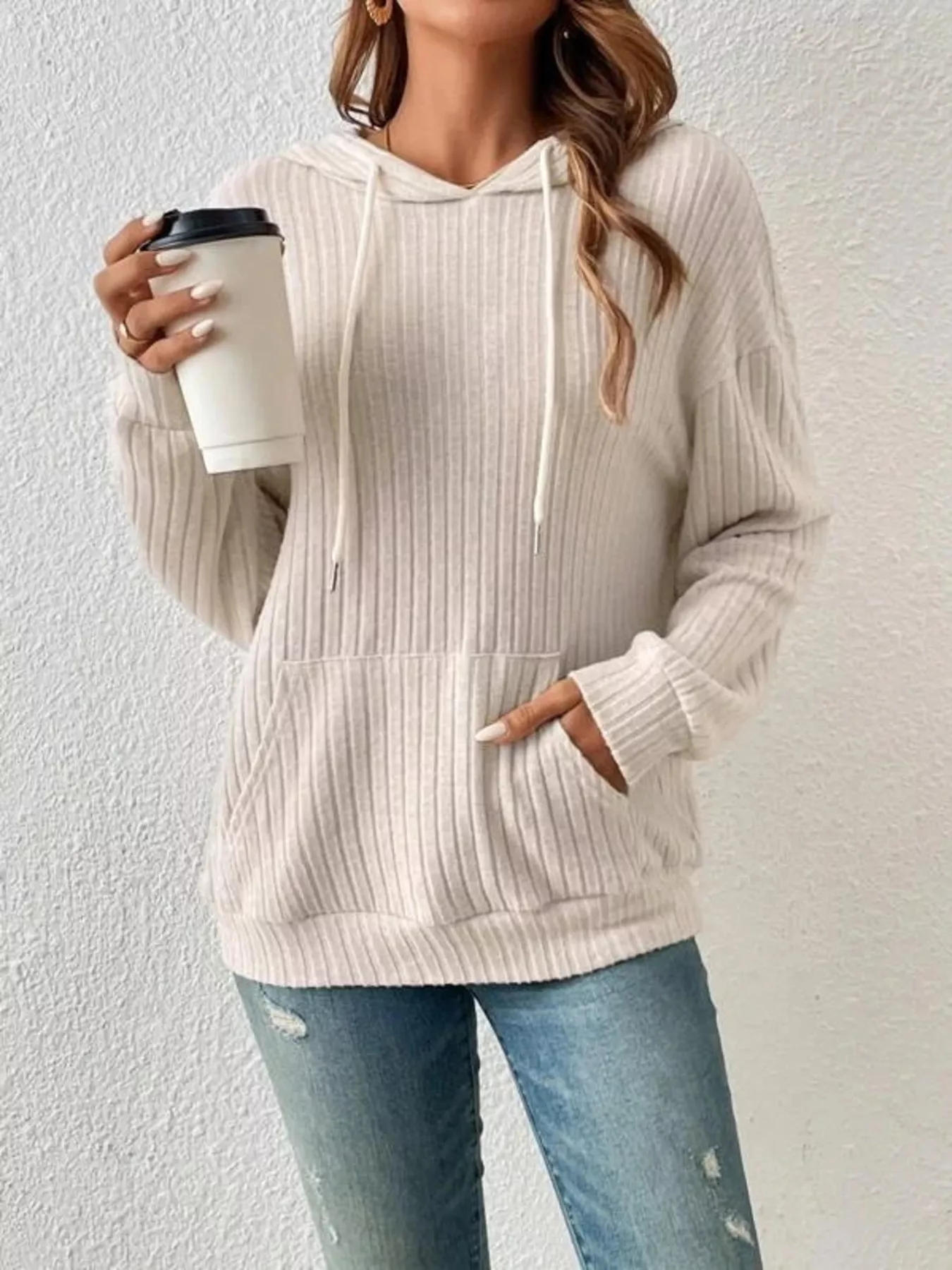 Casual Ribbed Knit Drawstring Hoodie - Image 2