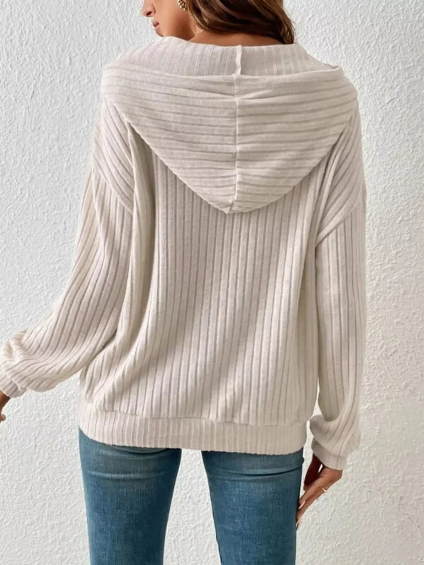 Casual Ribbed Knit Drawstring Hoodie - Image 3
