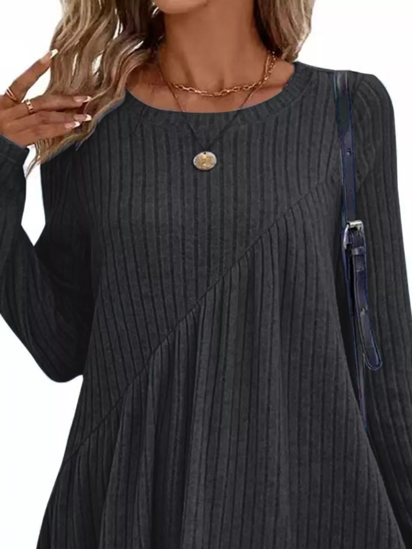 Casual Ribbed Knit Long Sleeve Swing Dress - Image 3