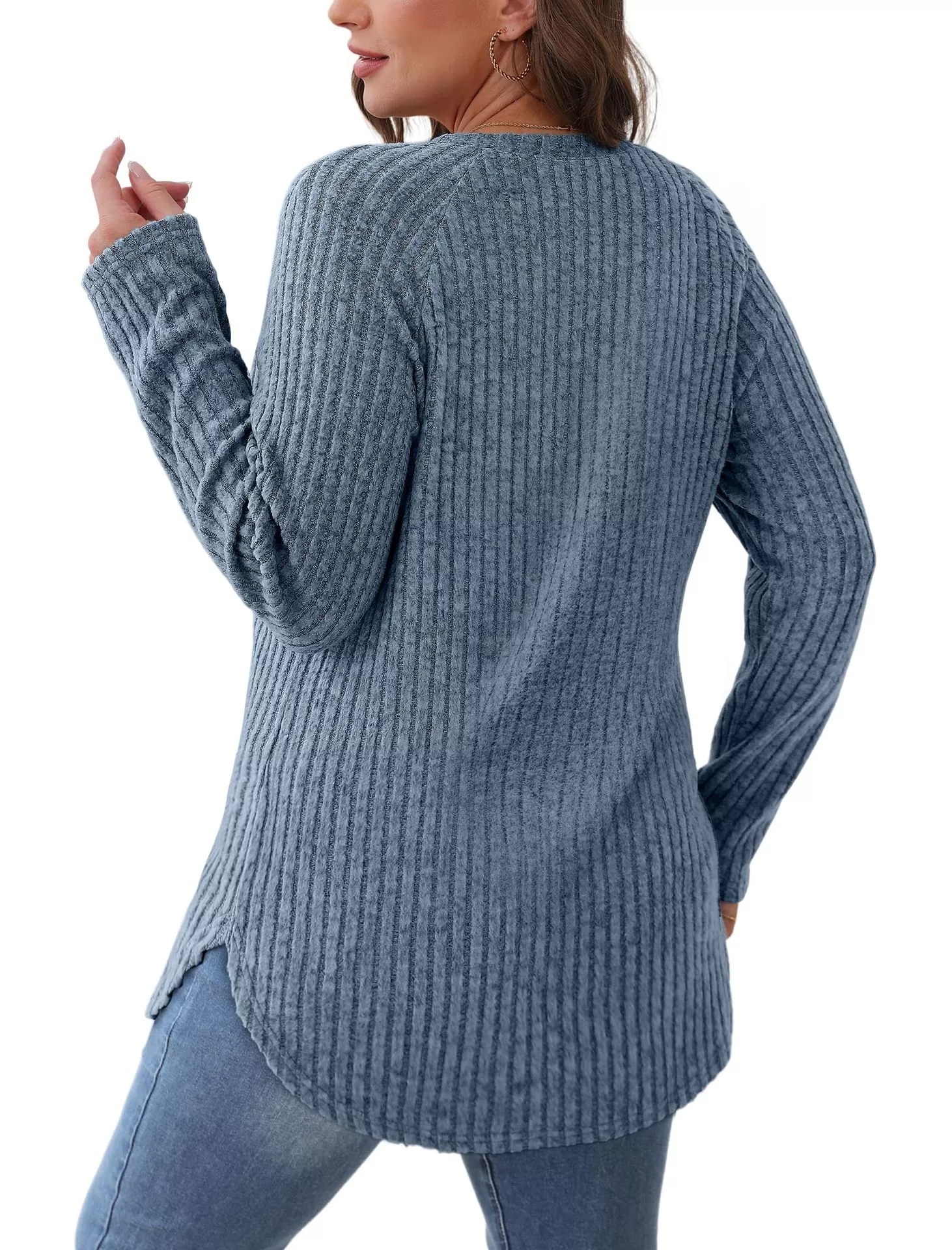 Casual Ribbed Knit Long Sleeve T-Shirt - Image 14