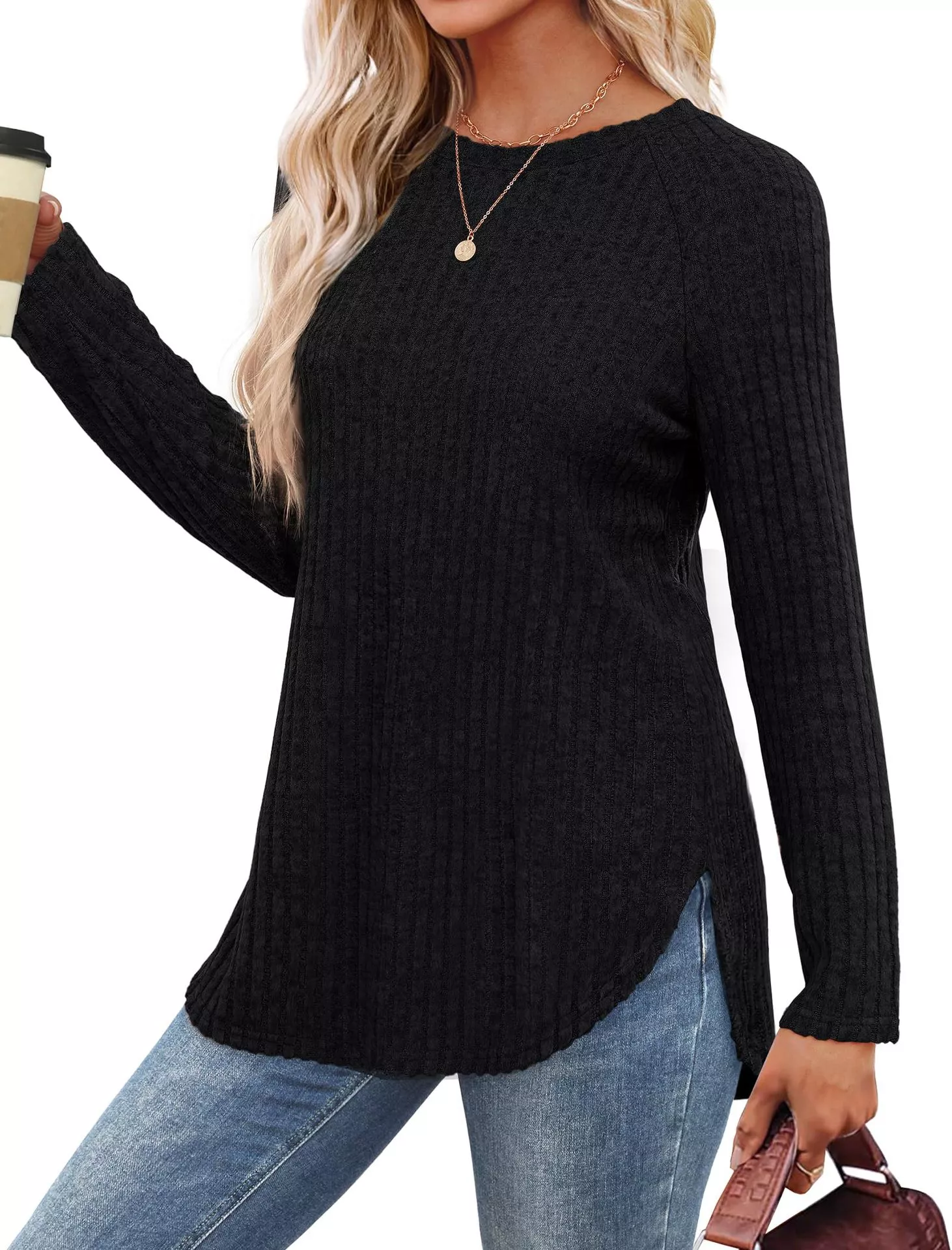 Casual Ribbed Knit Long Sleeve T-Shirt - Image 20