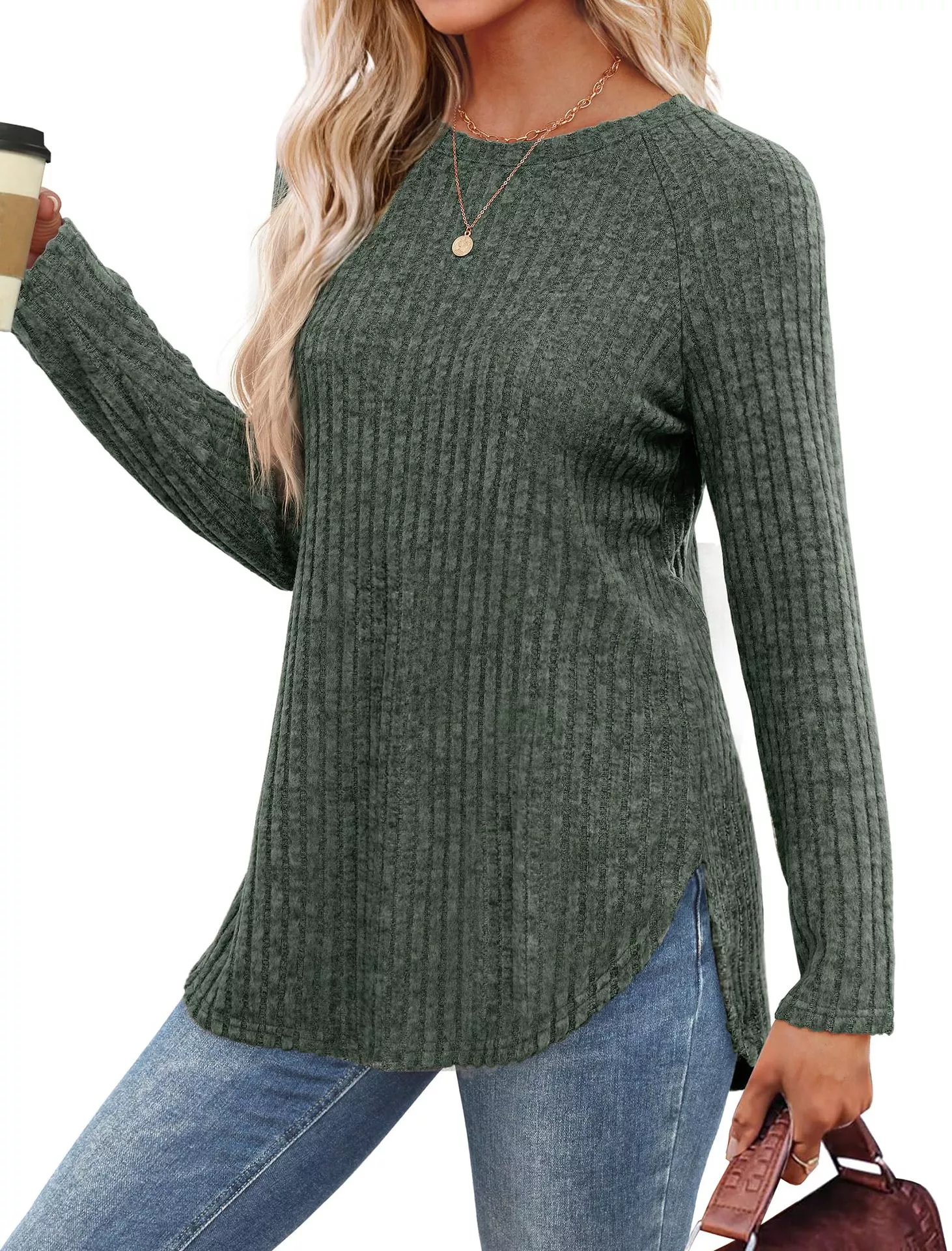 Casual Ribbed Knit Long Sleeve T-Shirt - Image 9
