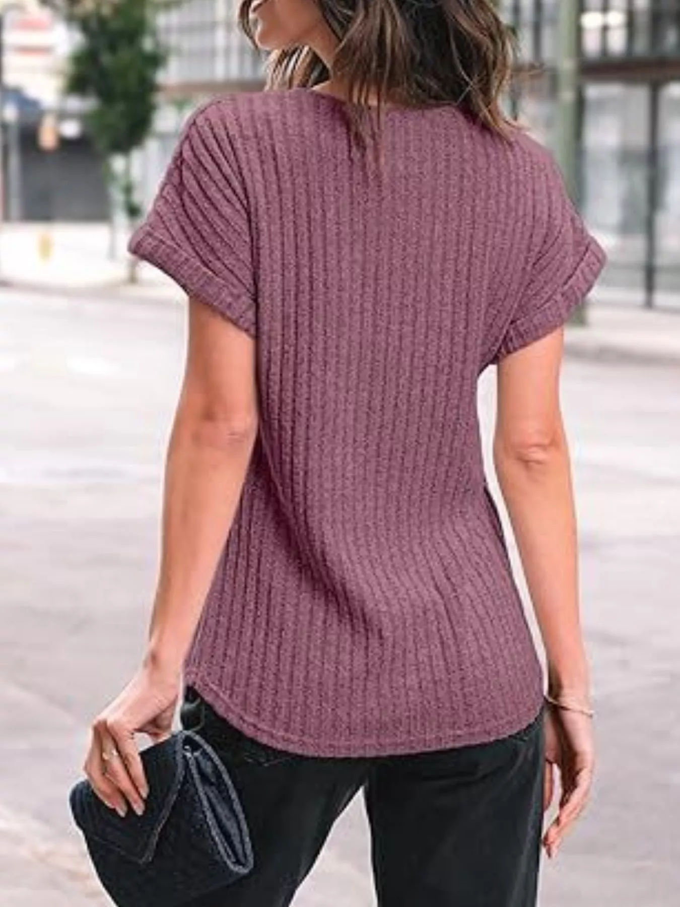Casual Ribbed Knit Short Sleeve T-Shirt - Image 10