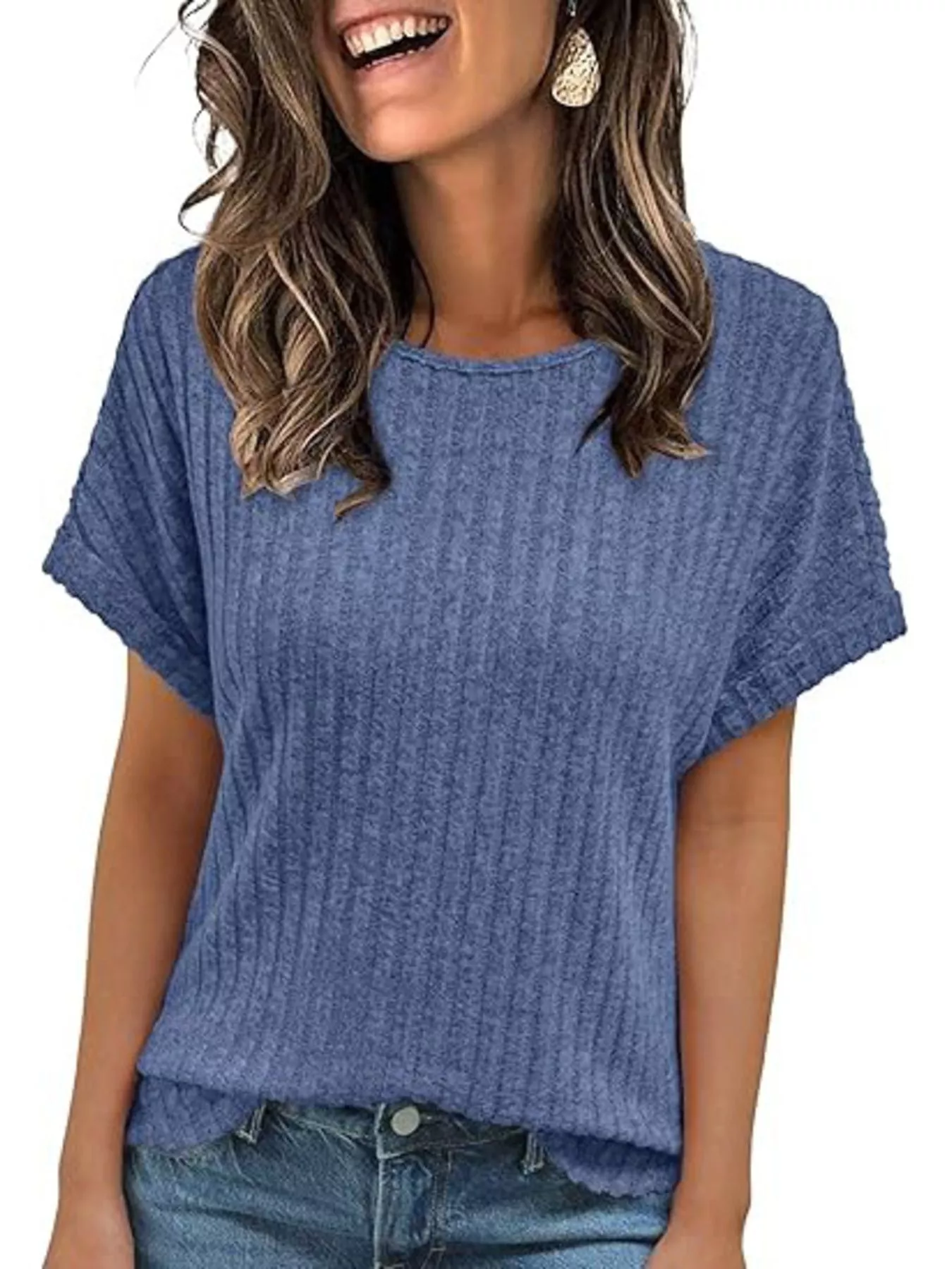 Casual Ribbed Knit Short Sleeve T-Shirt - Image 24