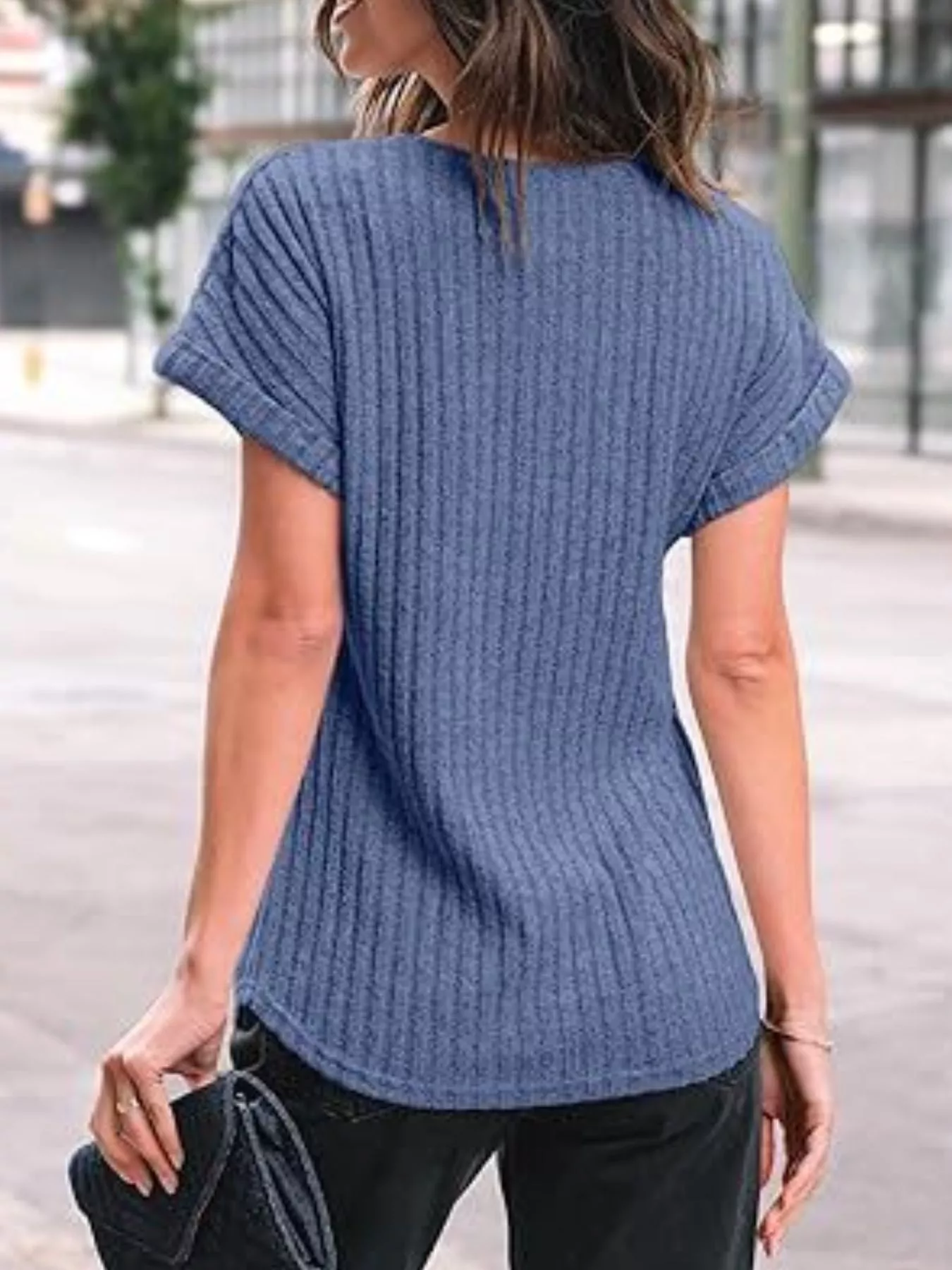 Casual Ribbed Knit Short Sleeve T-Shirt - Image 28