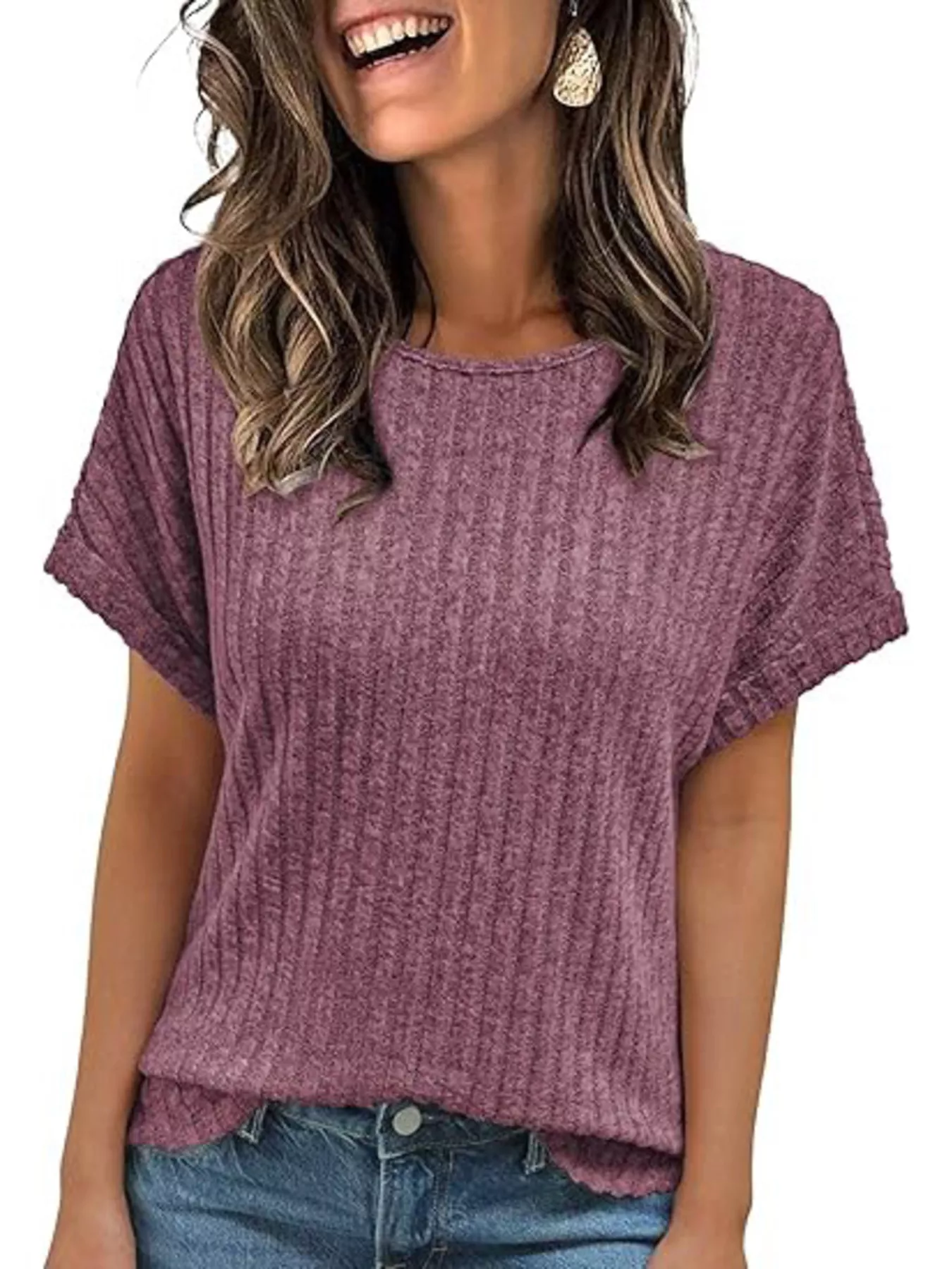 Casual Ribbed Knit Short Sleeve T-Shirt - Image 6
