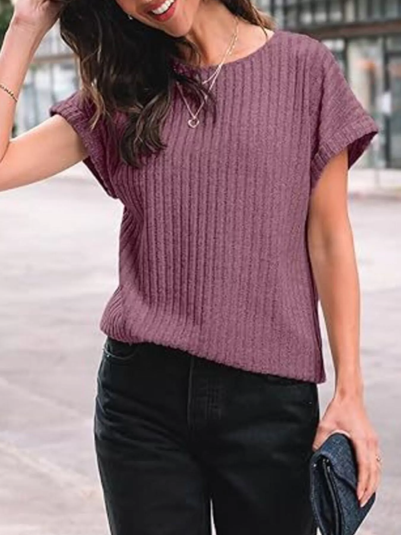 Casual Ribbed Knit Short Sleeve T-Shirt - Image 9