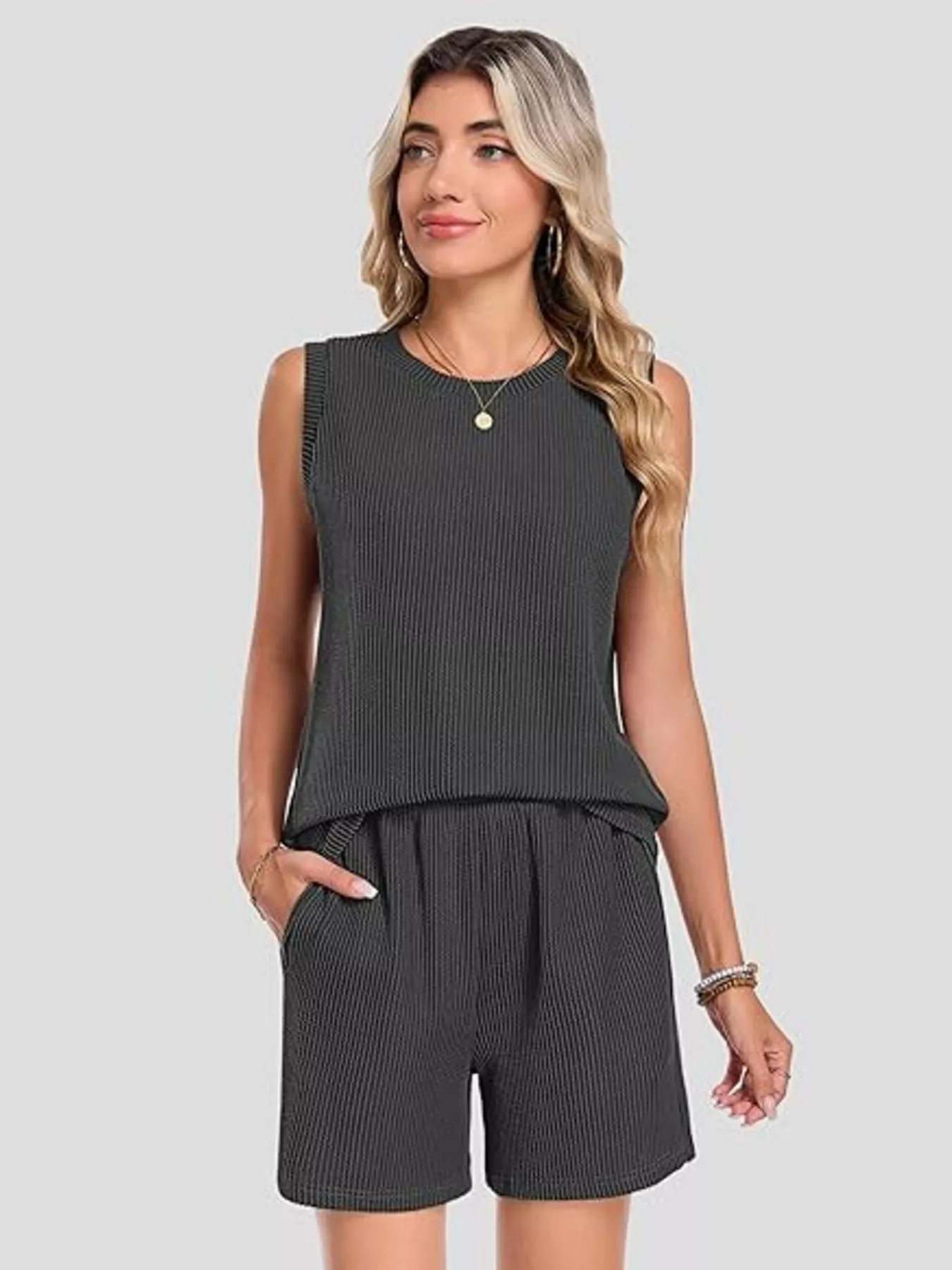 Casual Ribbed Knit Sleeveless Top and Shorts Set - Image 13