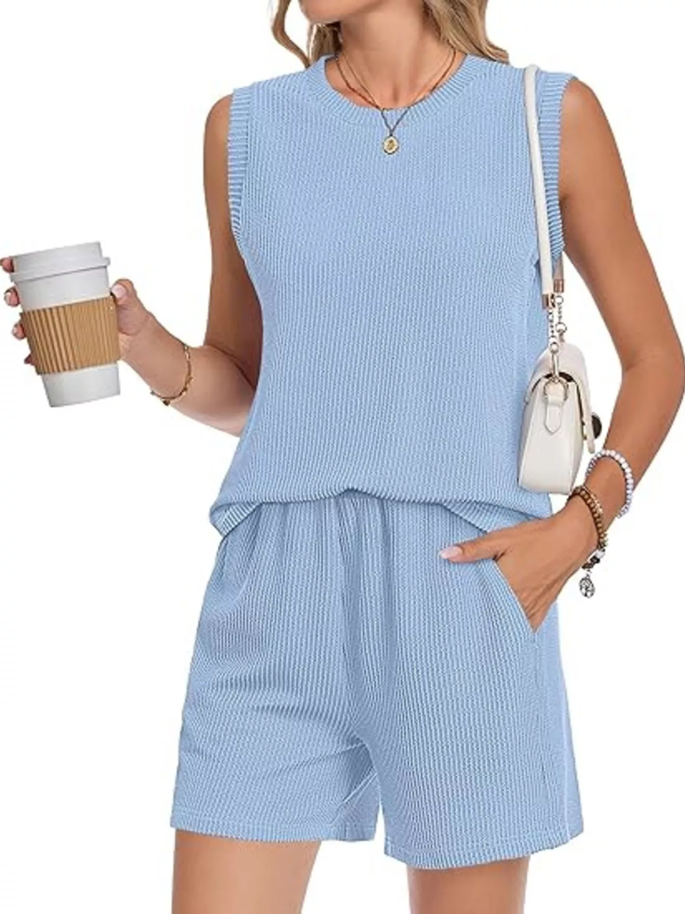 Casual Ribbed Knit Sleeveless Top and Shorts Set - Image 16