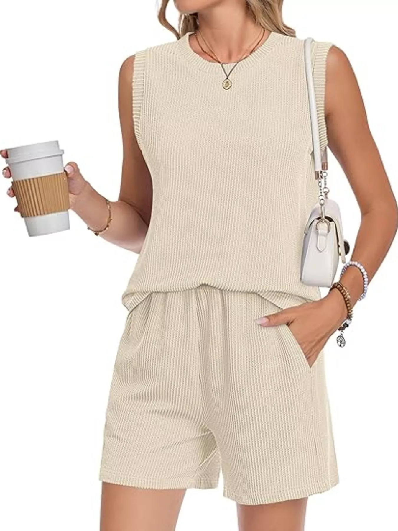 Casual Ribbed Knit Sleeveless Top and Shorts Set - Image 6
