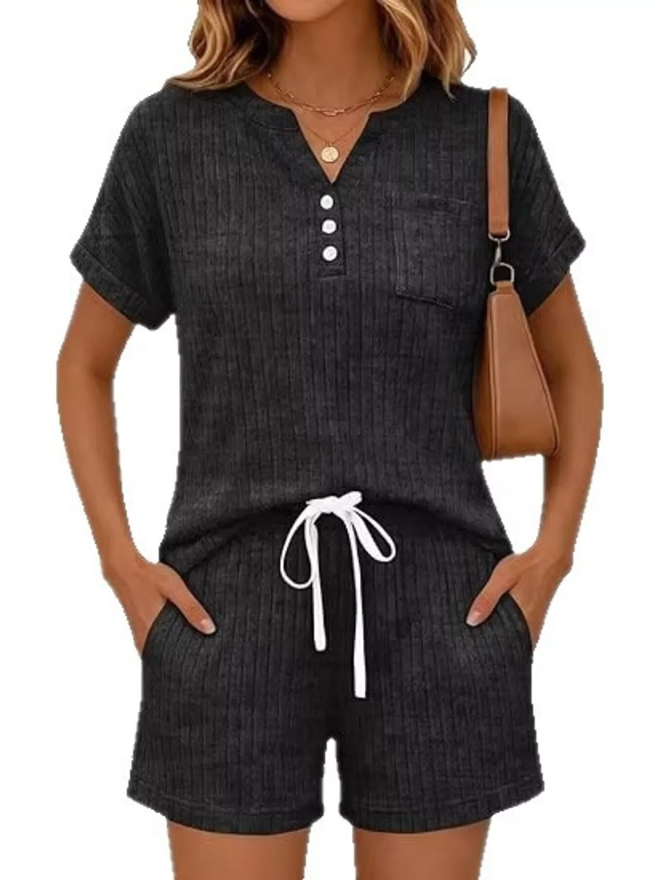 Casual Ribbed Knit Tee and Shorts Set - Image 11