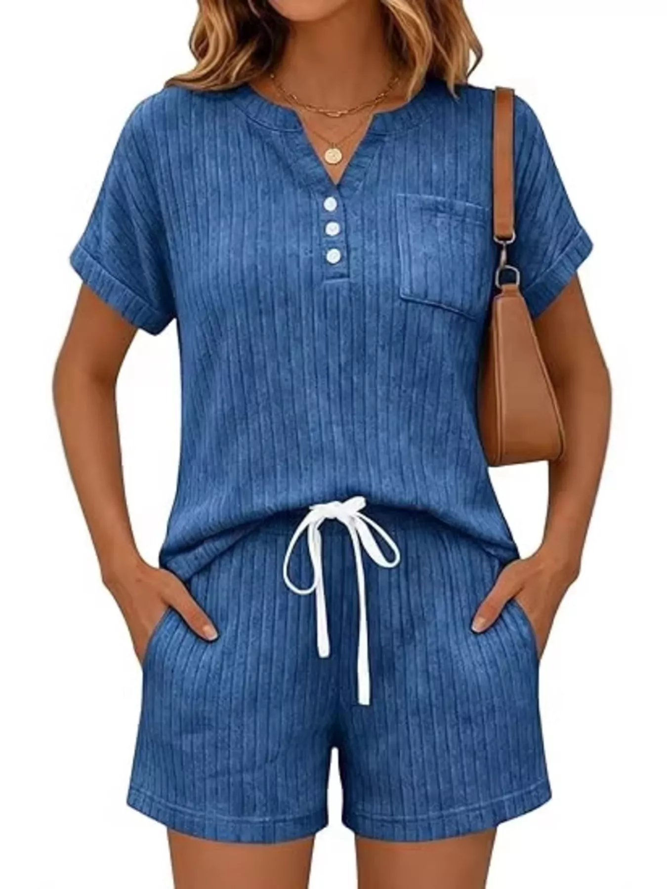 Casual Ribbed Knit Tee and Shorts Set - Image 13