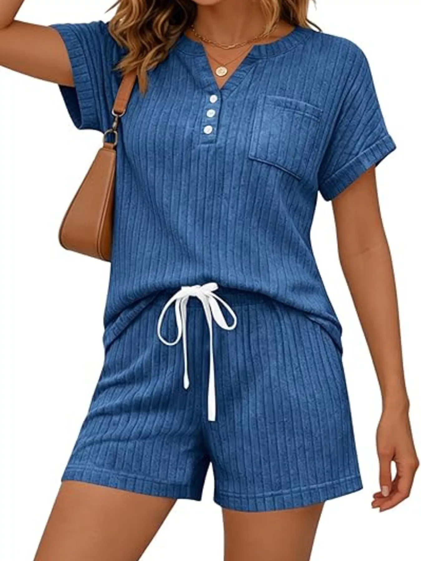 Casual Ribbed Knit Tee and Shorts Set - Image 15
