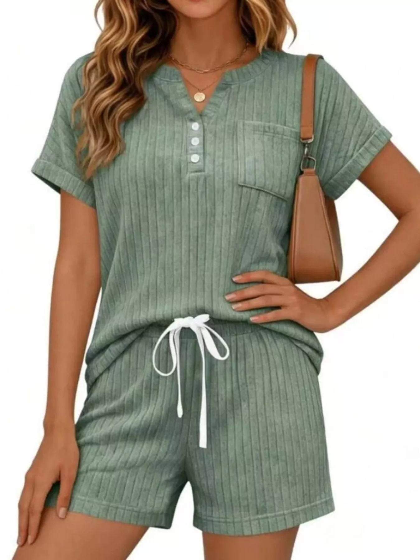 Casual Ribbed Knit Tee and Shorts Set - Image 2