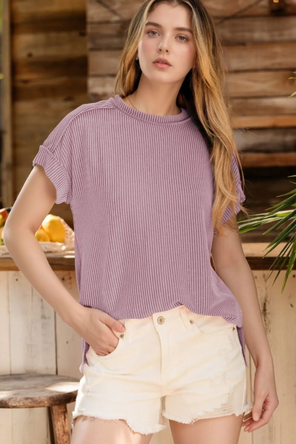 Casual Ribbed Short Sleeve Round Neck T-Shirt - Image 2
