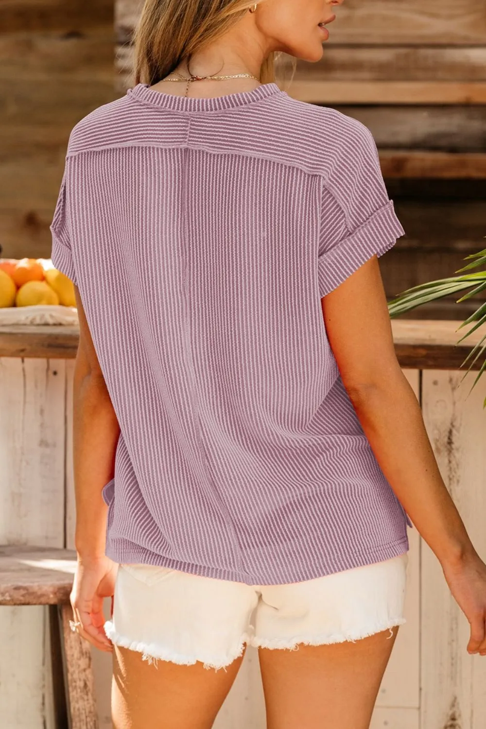 Casual Ribbed Short Sleeve Round Neck T-Shirt - Image 3