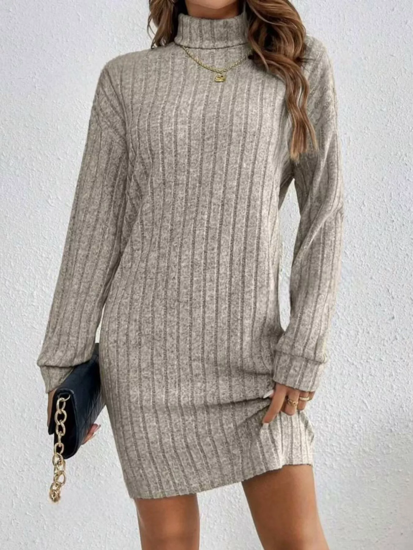 Casual Ribbed Turtleneck Long Sleeve Mini Dress - Image 4