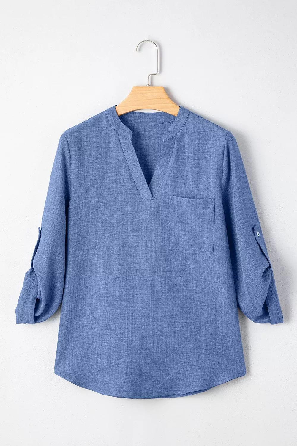 Casual Roll-Up Sleeve Notched Blouse - Image 5