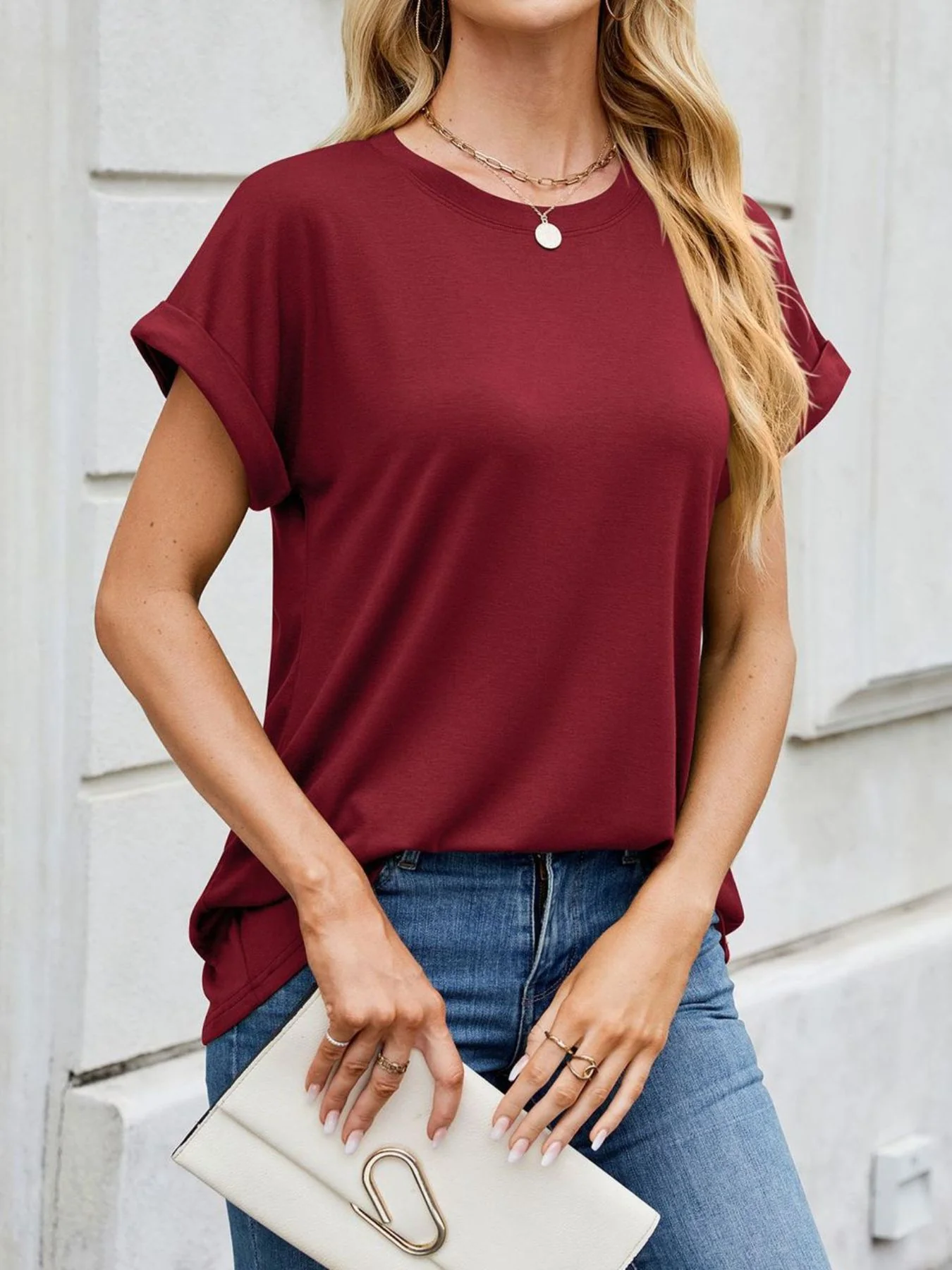 Casual Rolled Sleeve Solid Color T-Shirt - Image 16