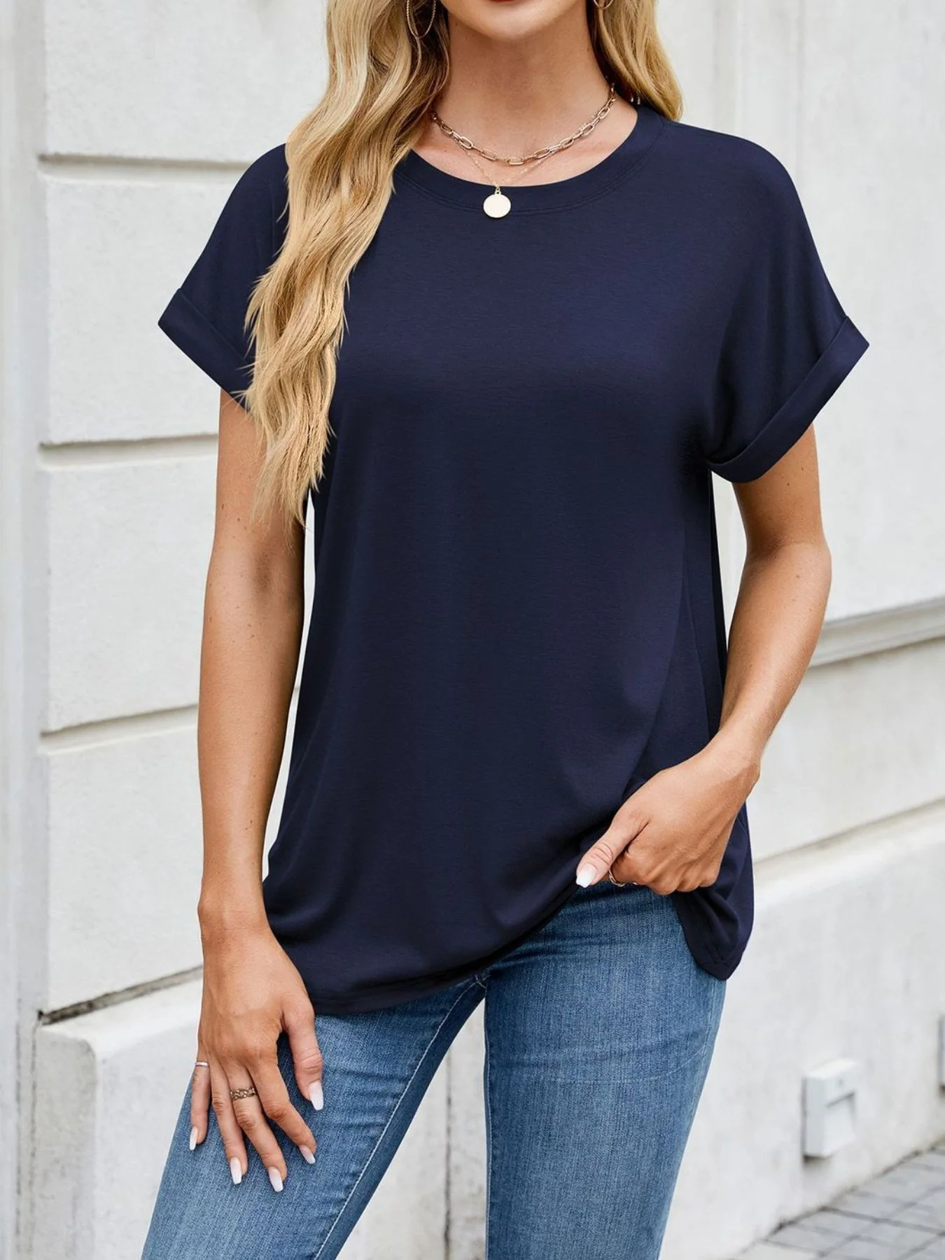 Casual Rolled Sleeve Solid Color T-Shirt - Image 27