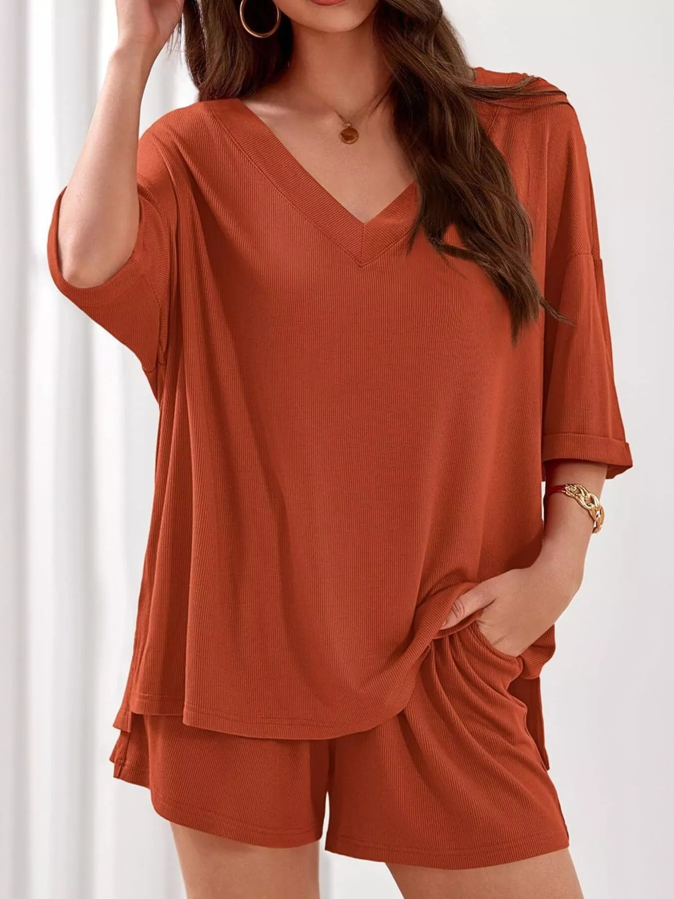 Casual Solid Color V-Neck Top & Shorts Set - Image 11