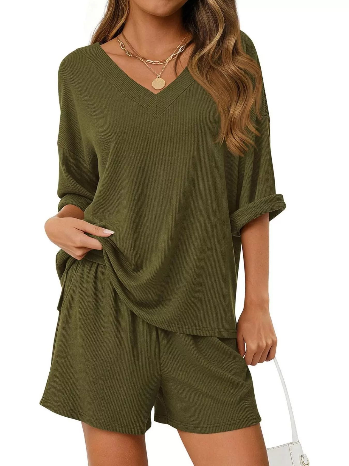 Casual Solid Color V-Neck Top & Shorts Set - Image 13
