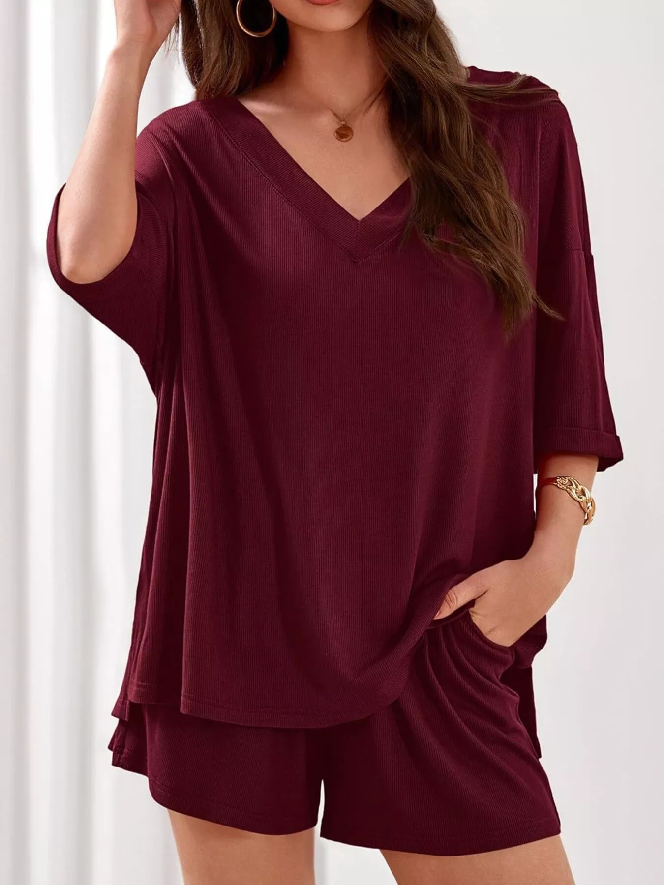 Casual Solid Color V-Neck Top & Shorts Set - Image 17