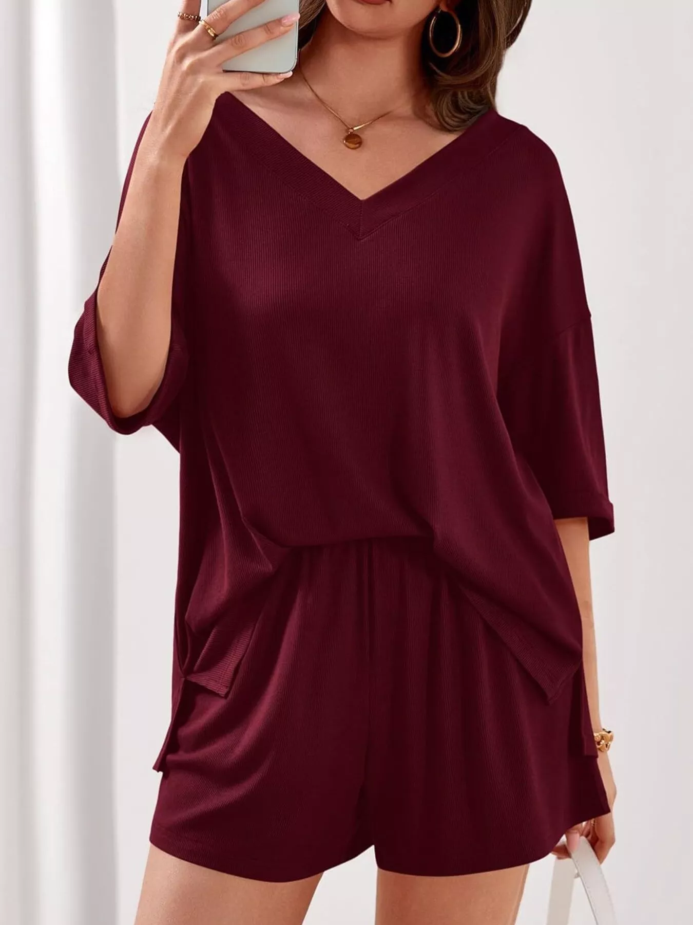 Casual Solid Color V-Neck Top & Shorts Set - Image 18