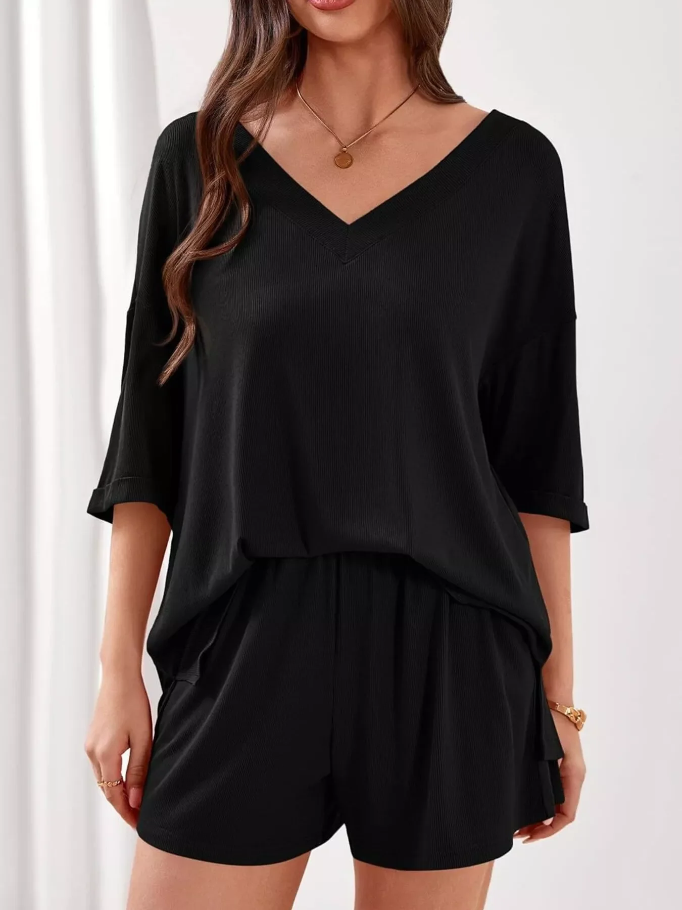 Casual Solid Color V-Neck Top & Shorts Set - Image 22