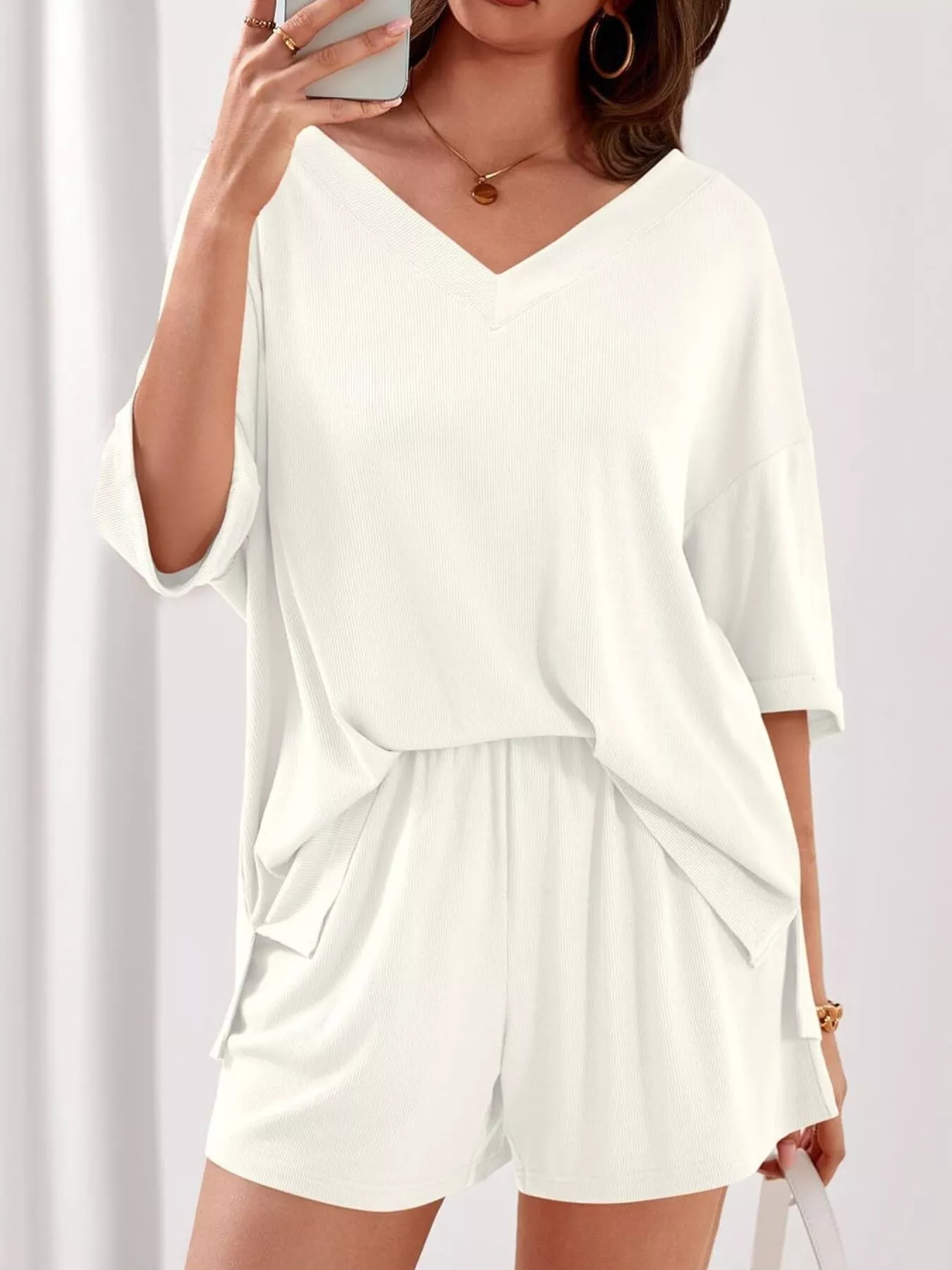 Casual Solid Color V-Neck Top & Shorts Set - Image 25