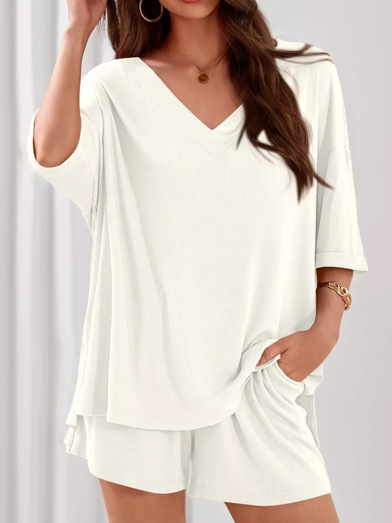 Casual Solid Color V-Neck Top & Shorts Set - Image 26