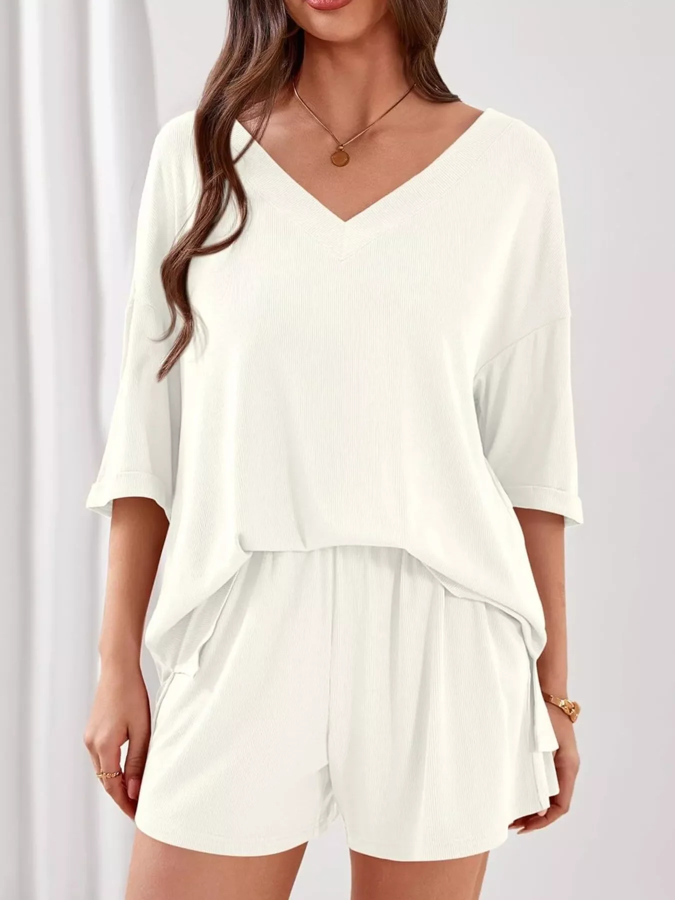 Casual Solid Color V-Neck Top & Shorts Set - Image 27