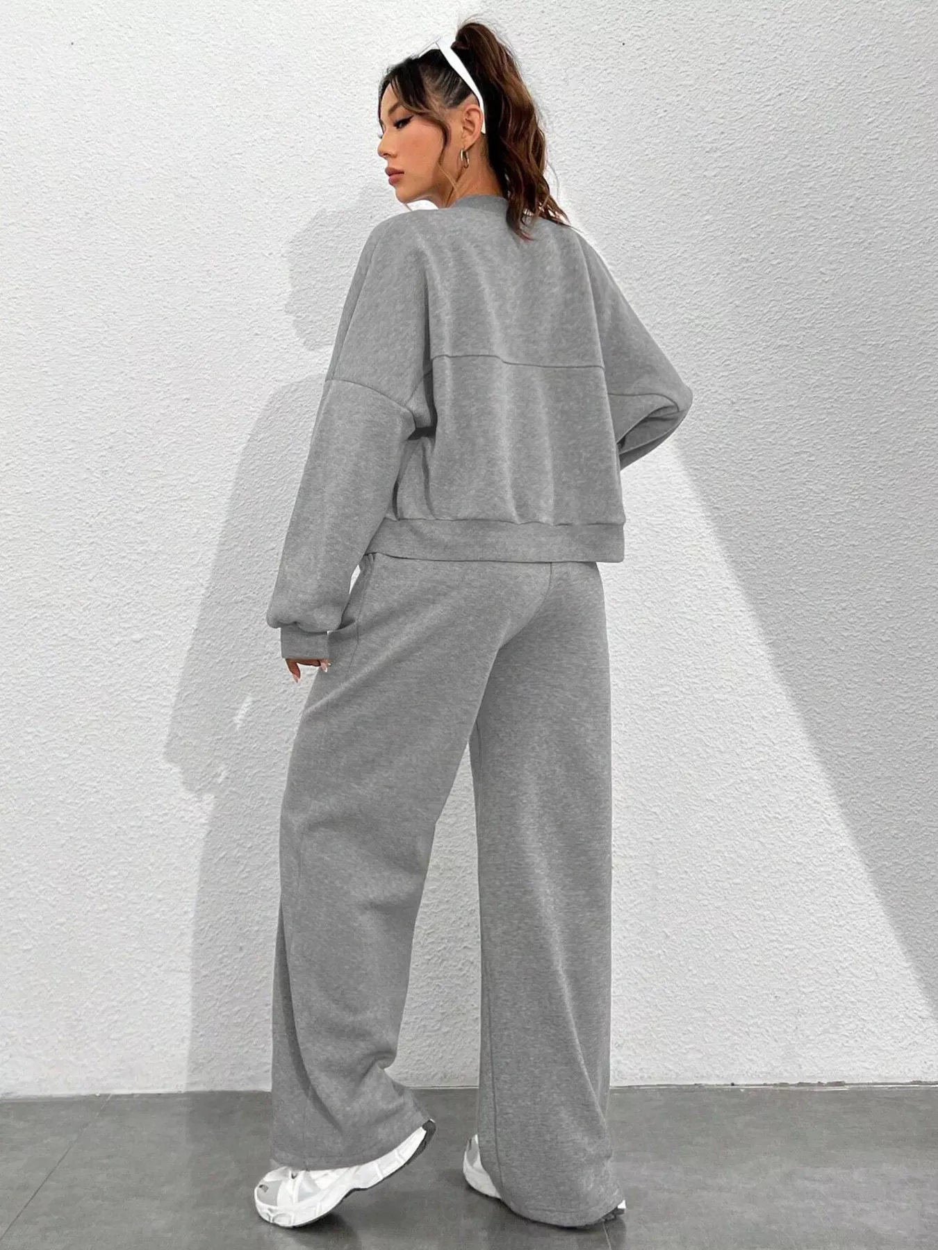 Casual Solid Color Zipper Jacket and Wide Leg Pants Set - Image 22