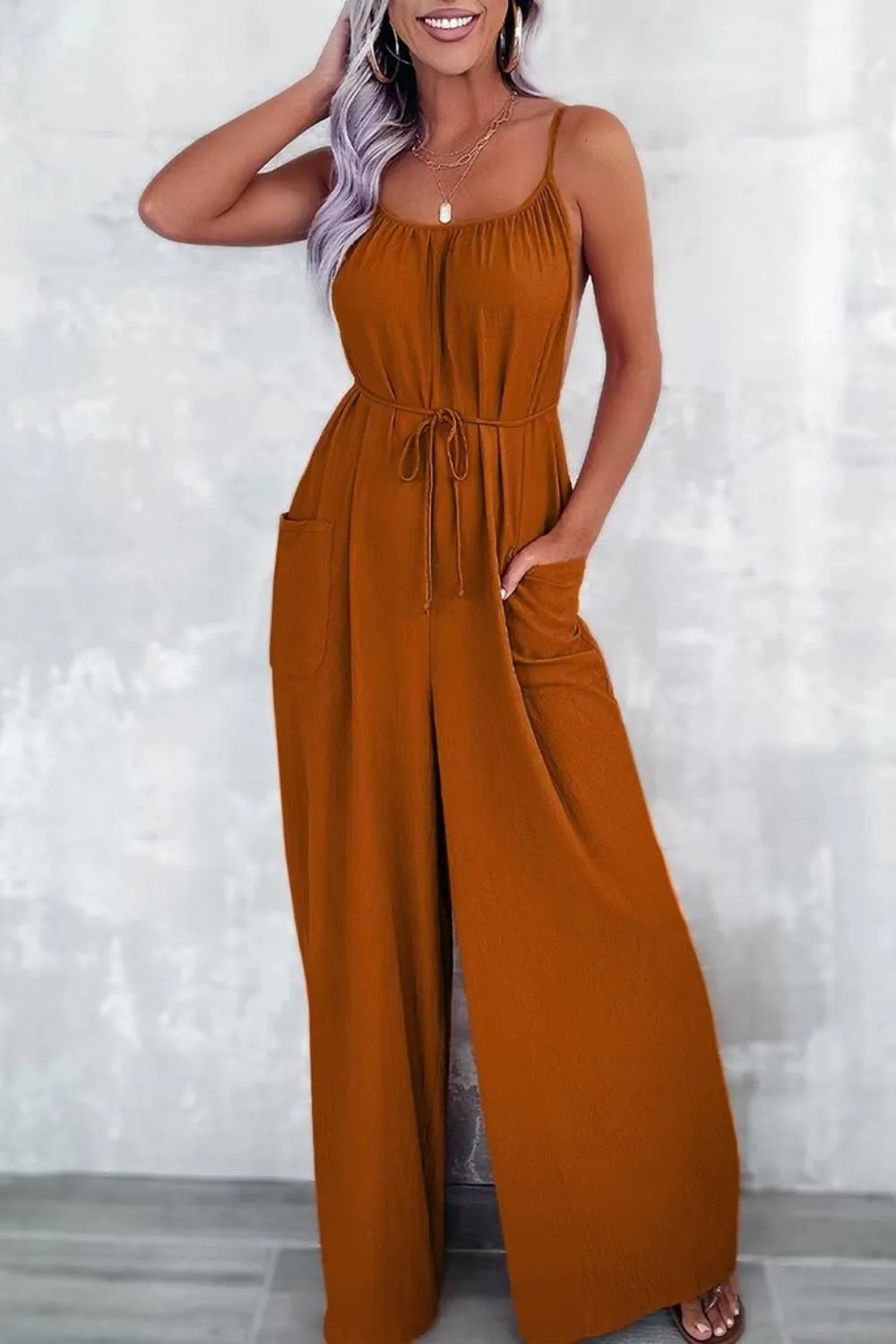Casual Spaghetti Strap Wide Leg Jumpsuit with Pockets - Image 4