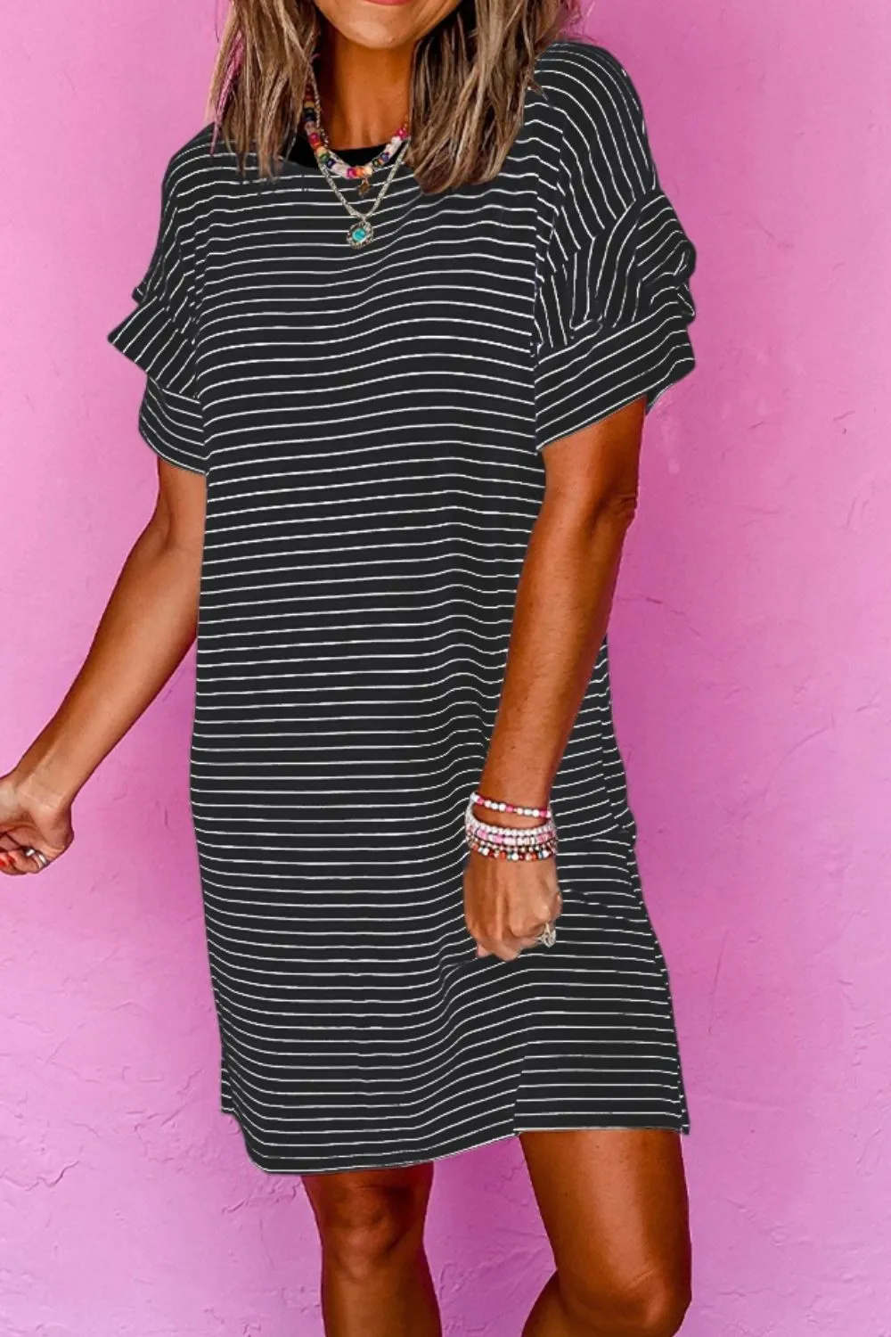 Casual Striped T-Shirt Dress with Pockets - Image 16