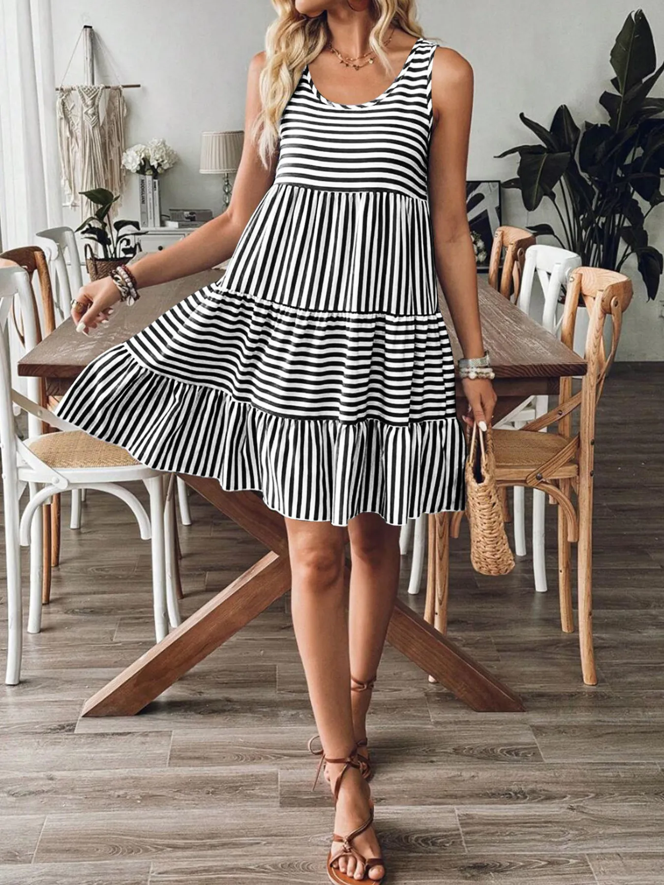 Casual Striped Tiered Ruffle Tank Dress - Image 4